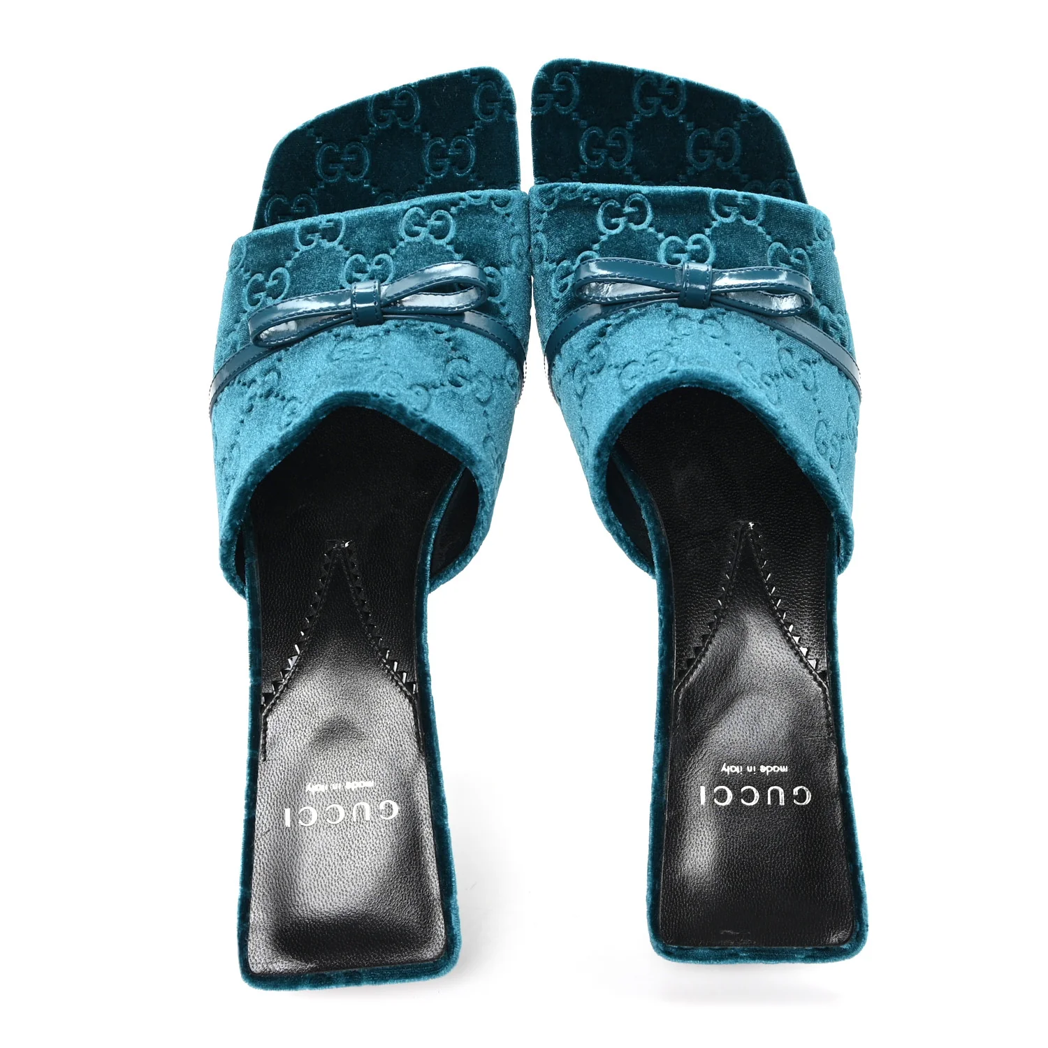 New Velvet Ashmir Regent Calfskin GG Monogram Square Toe Bow 45mm Slide Sandals Peacock Blue 39.5 - Image 2