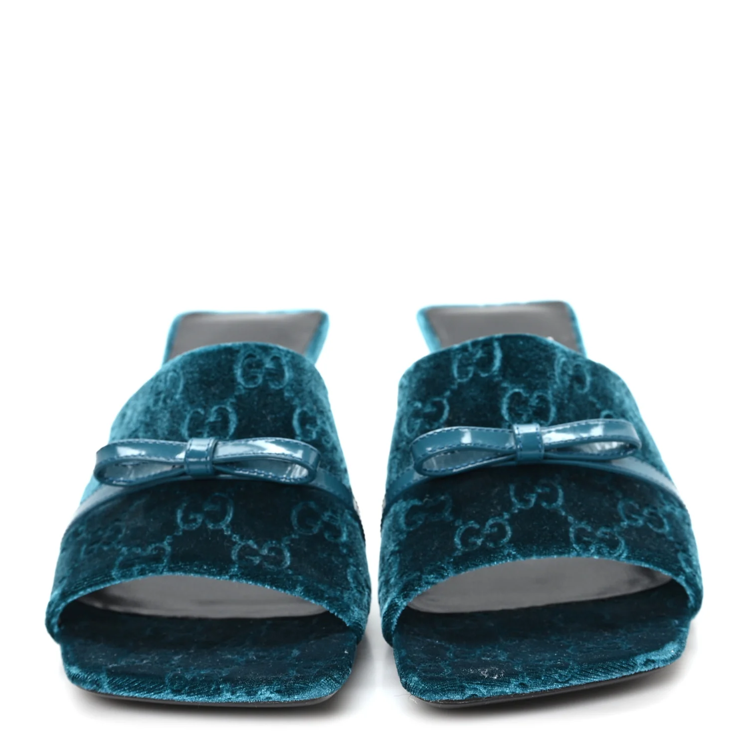 New Velvet Ashmir Regent Calfskin GG Monogram Square Toe Bow 45mm Slide Sandals Peacock Blue 39.5 - Image 3