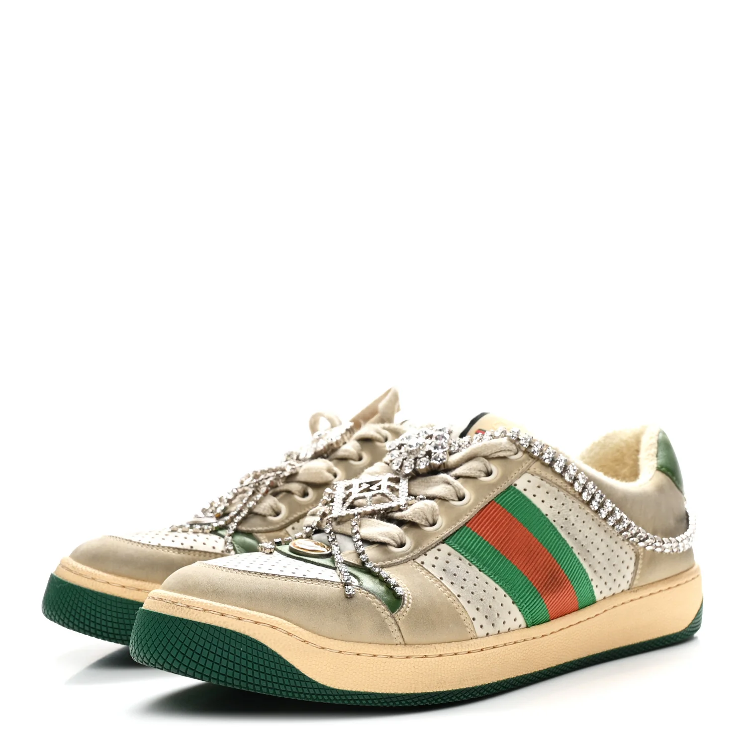 Nubuck Calfskin Web Removable Crystals Womens Screener Sneakers 38 Dusty Milk New Mystic White - Image 8