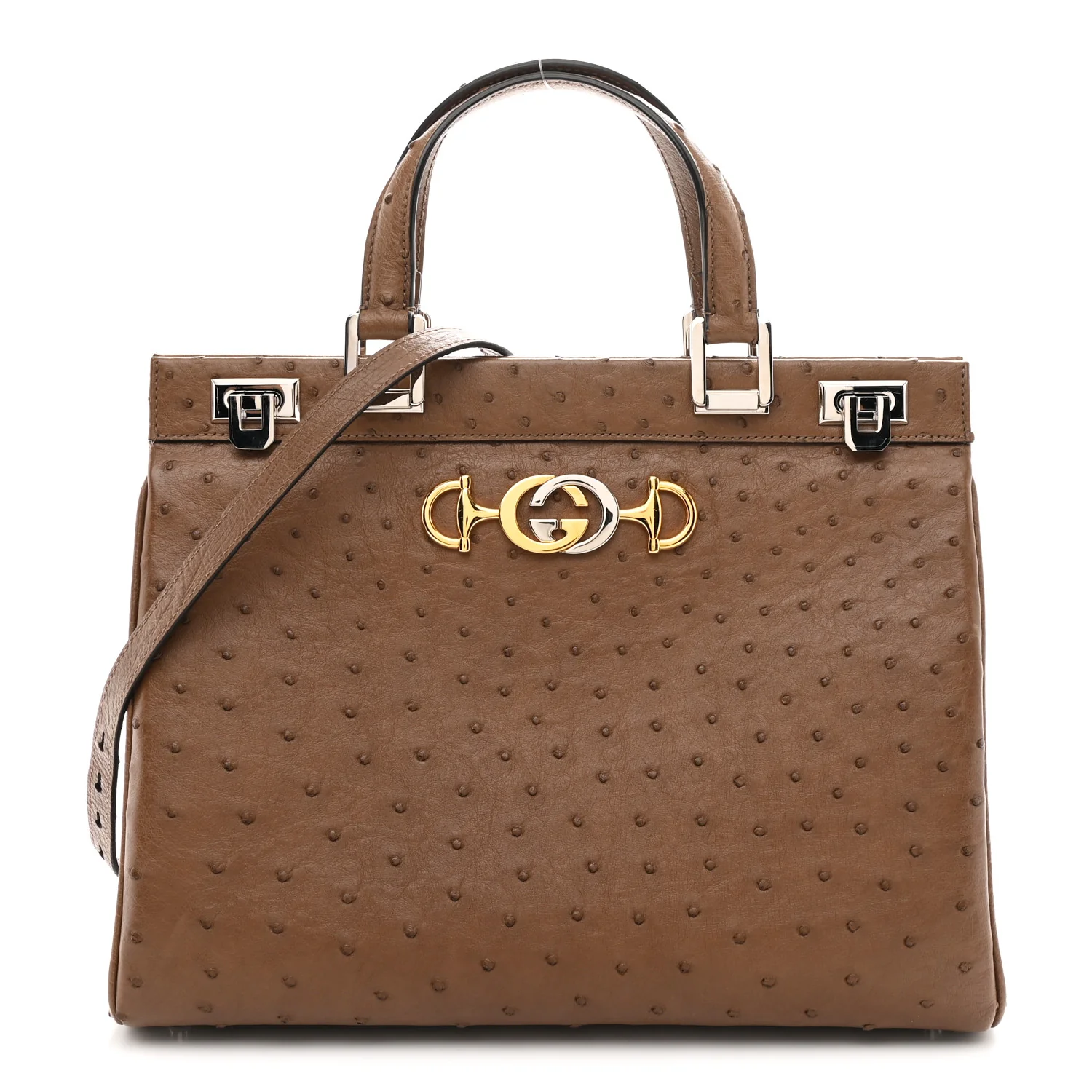 Ostrich Medium Zumi Top Handle Bag Brown