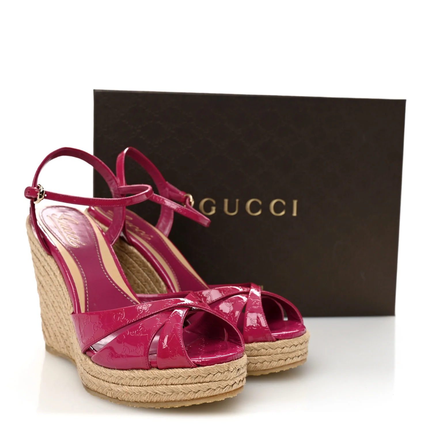 Patent Microguccissima Penelope Espadrille Wedge Sandals 37  Bright Bouganville - Image 10