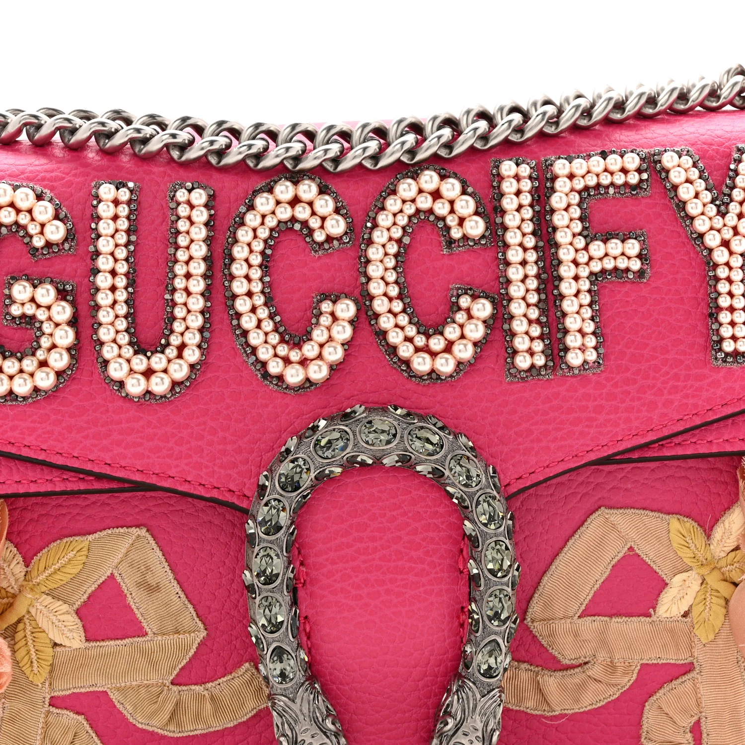 Pebbled Calfskin Embellished Guccify Small Dionysus Shoulder Bag Rosa - Image 9