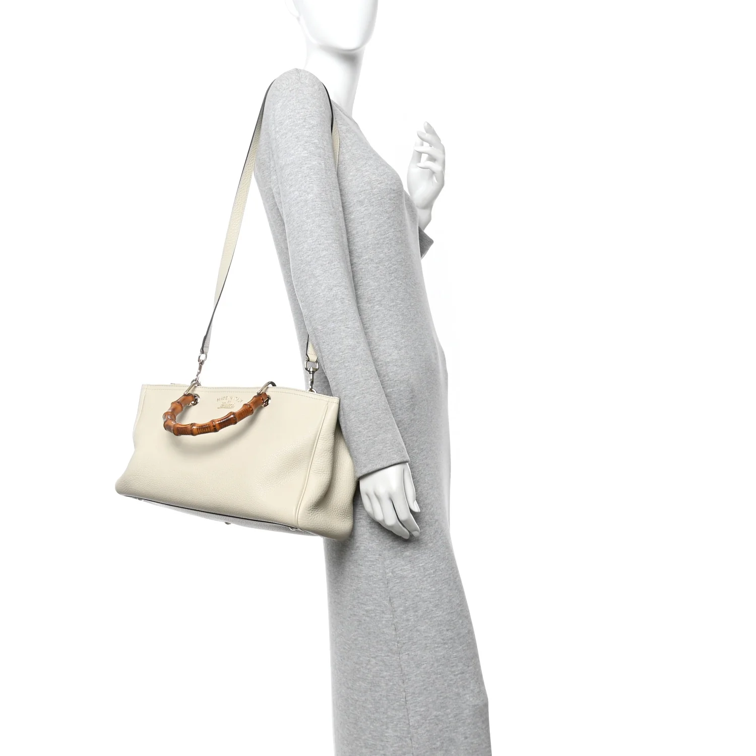Pebbled Calfskin Medium Bamboo Shopper Tote Off White - Image 3