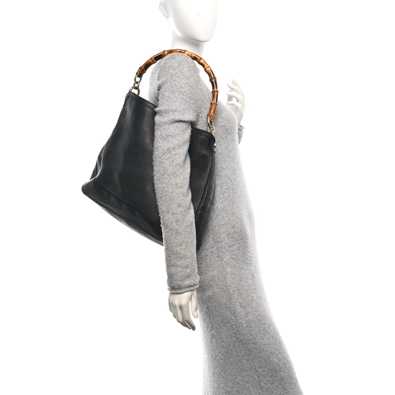 Pebbled Calfskin Medium Diana Bamboo Shoulder Bag Black - Image 2