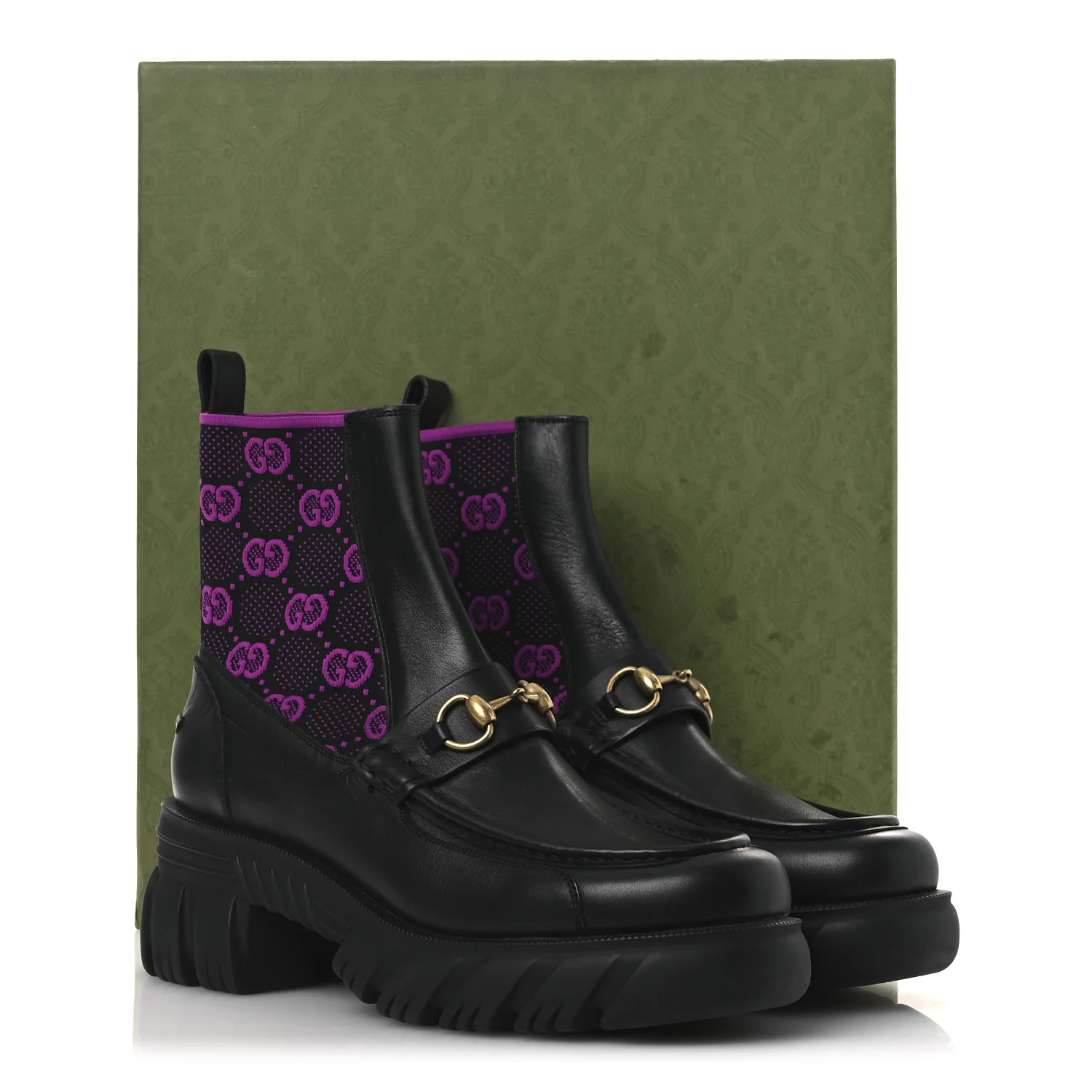 Quebec Calfskin Technical Jersey Knit GG Monogram Horsebit Ankle Boots 42 Black Fucsia - Image 14