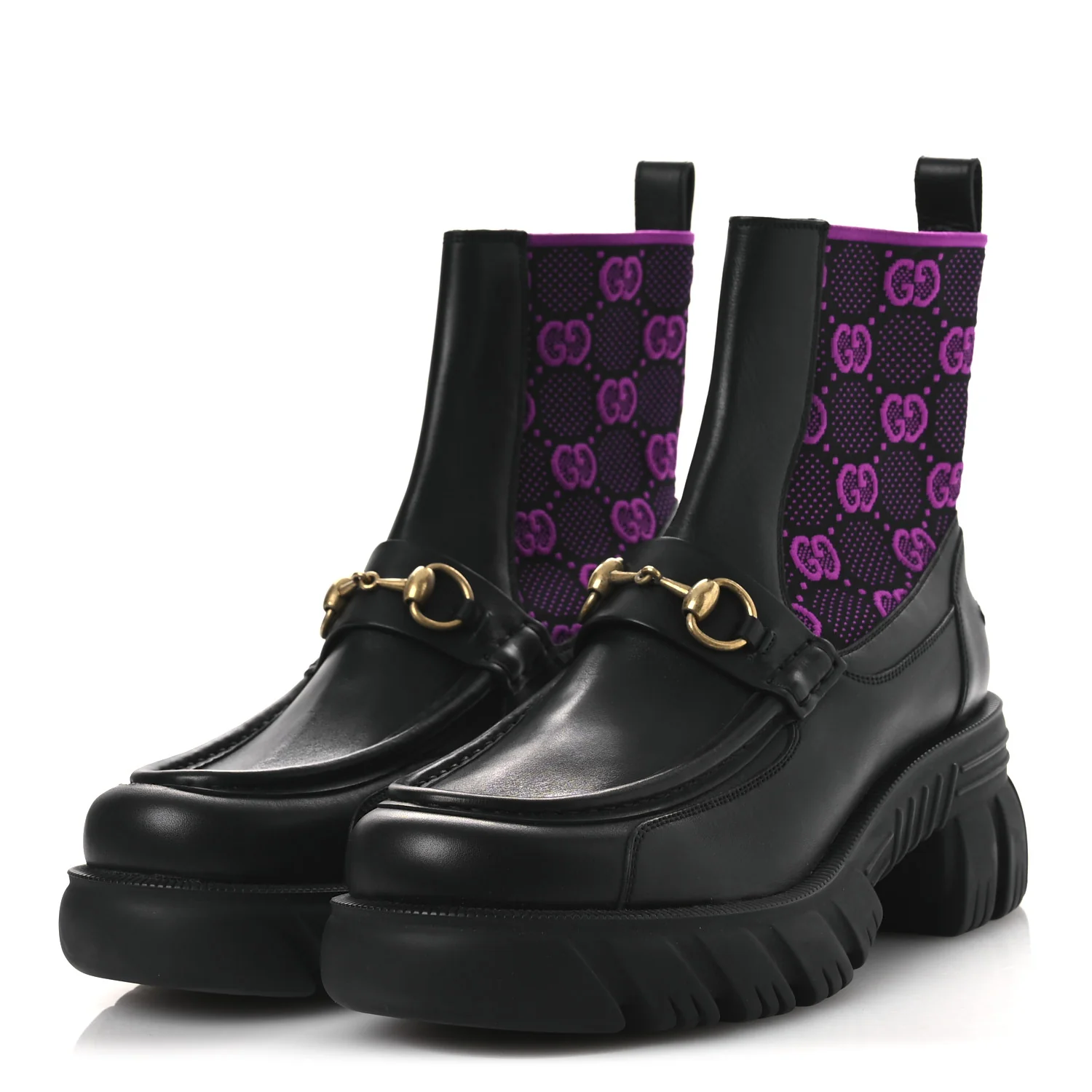 Quebec Calfskin Technical Jersey Knit GG Monogram Horsebit Ankle Boots 42 Black Fucsia - Image 4