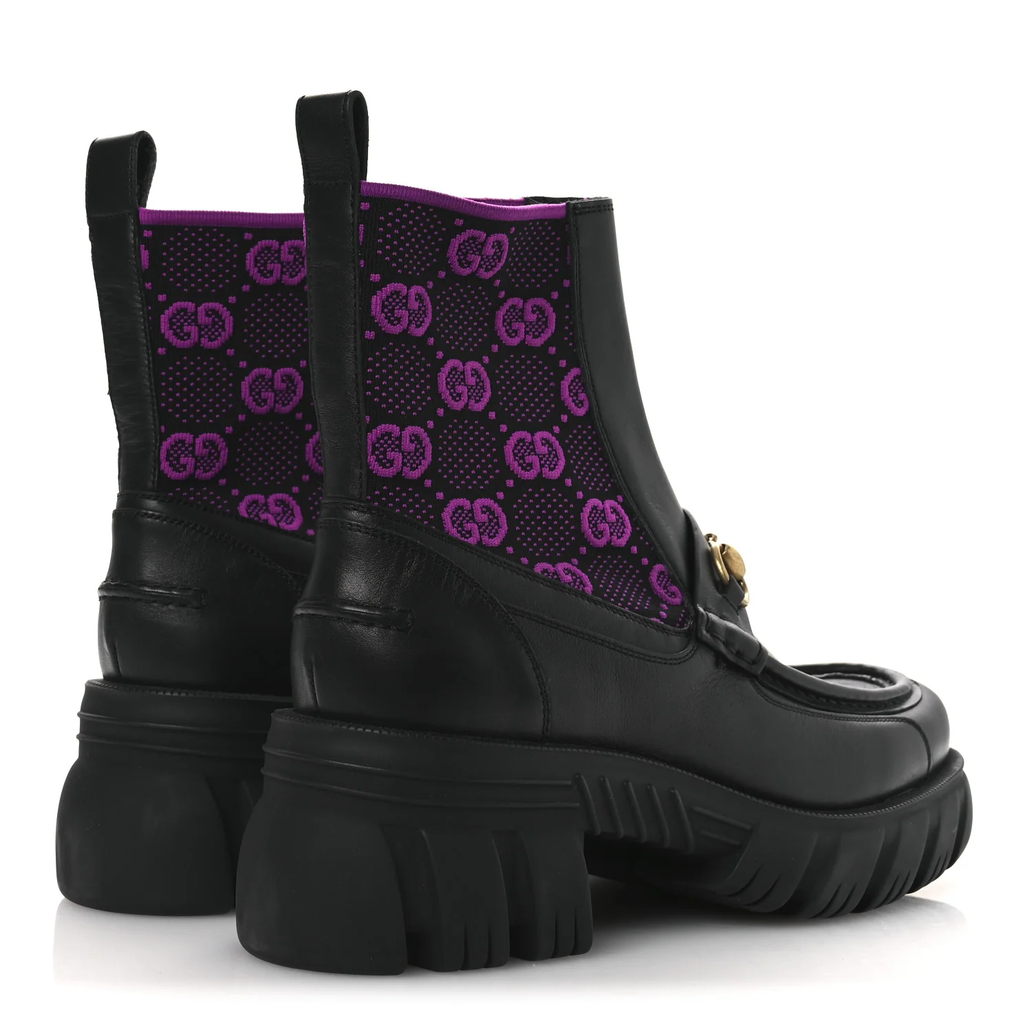 Quebec Calfskin Technical Jersey Knit GG Monogram Horsebit Ankle Boots 42 Black Fucsia - Image 5