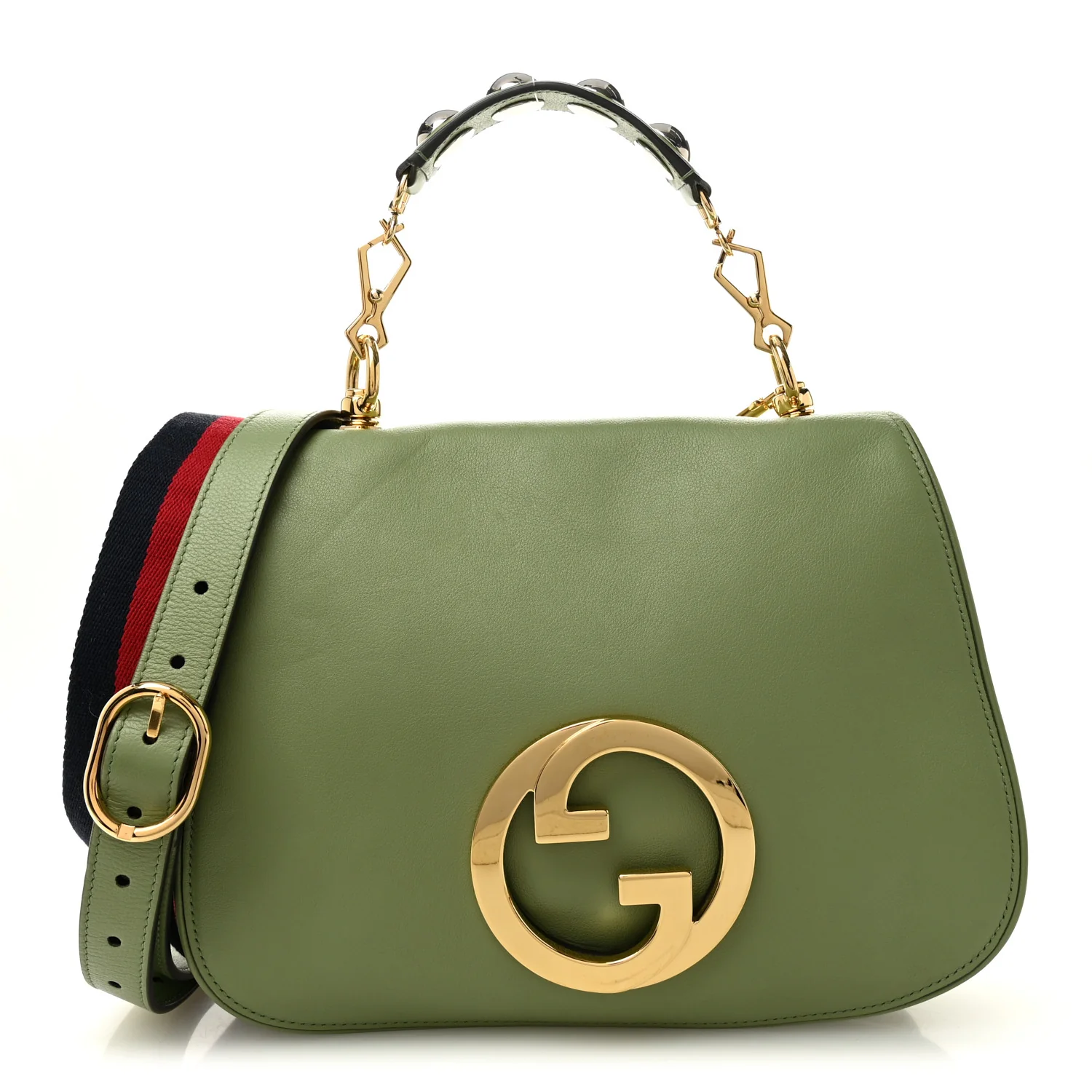 Roxy Calfskin Web Medium Blondie Top Handle Shoulder Flap Bag Salamander Green
