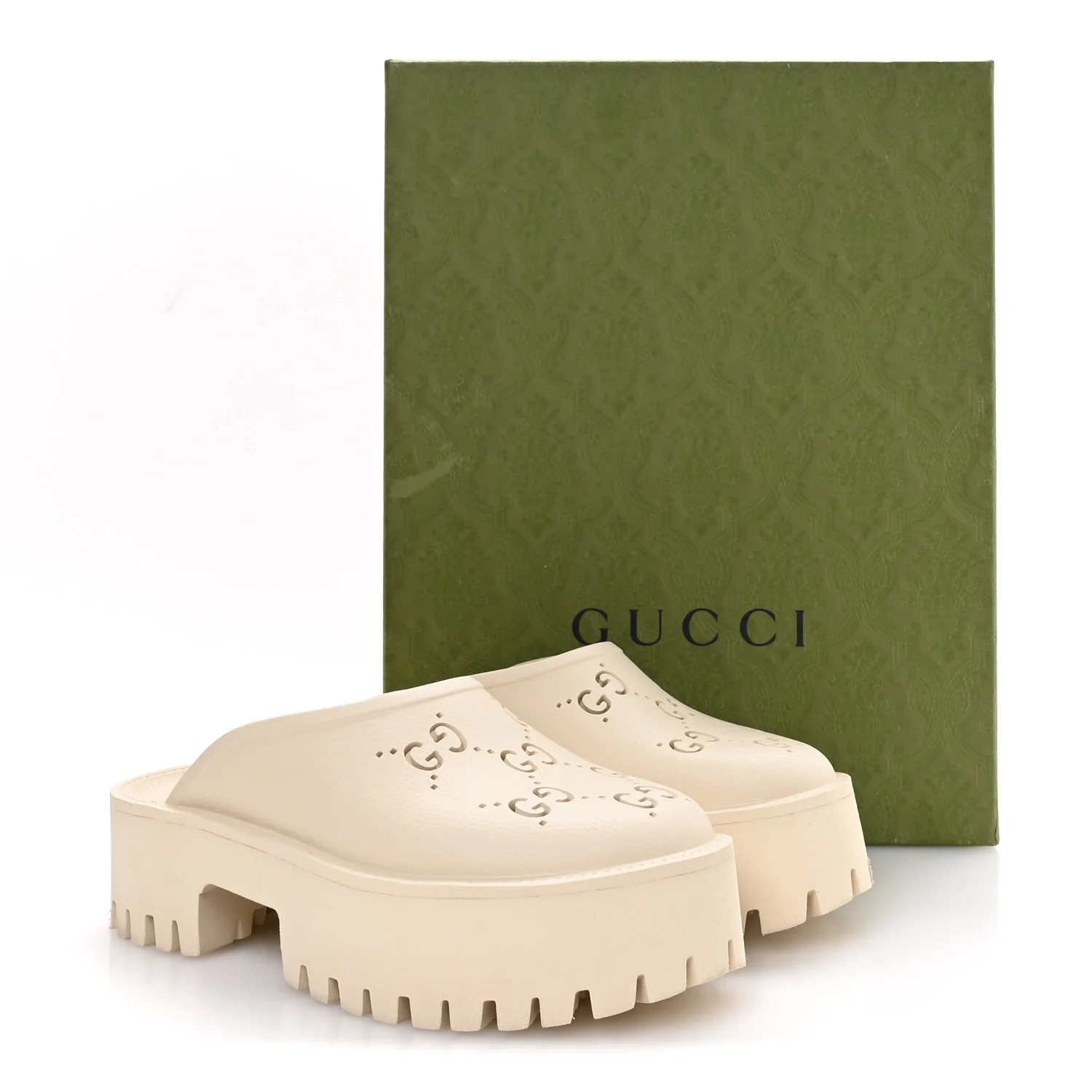 Rubber GG Monogram Perforated Elea Platform 55mm Lug Sole Sandals 38 Mystic White - Image 9