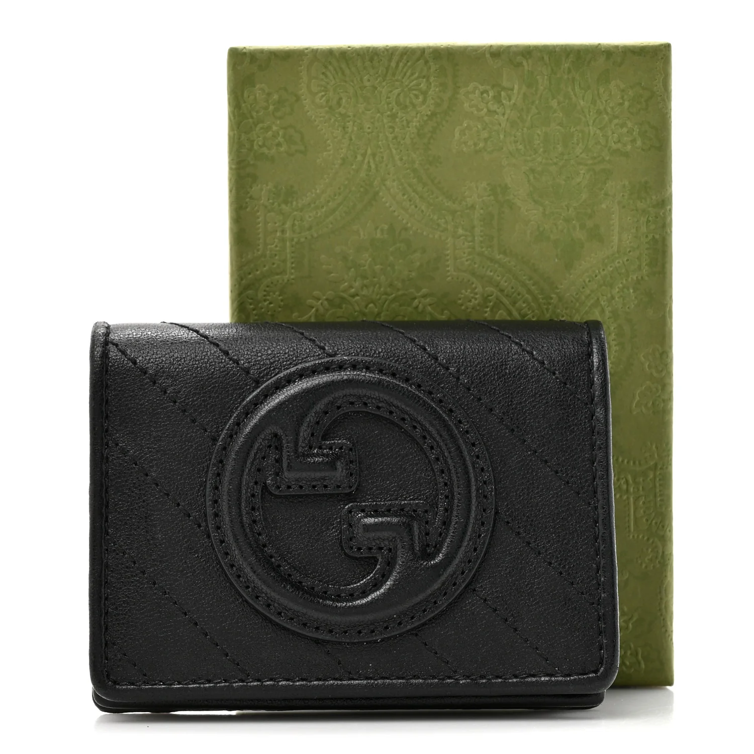 Sakai Be Green Calfskin Diagonal Stitched Blondie Card Case Wallet Black - Image 9