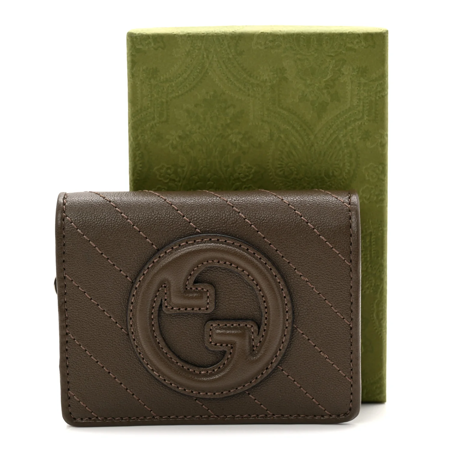 Sakai Be Green Calfskin Diagonal Stitched Blondie Card Case Wallet Craclet Brown - Image 8