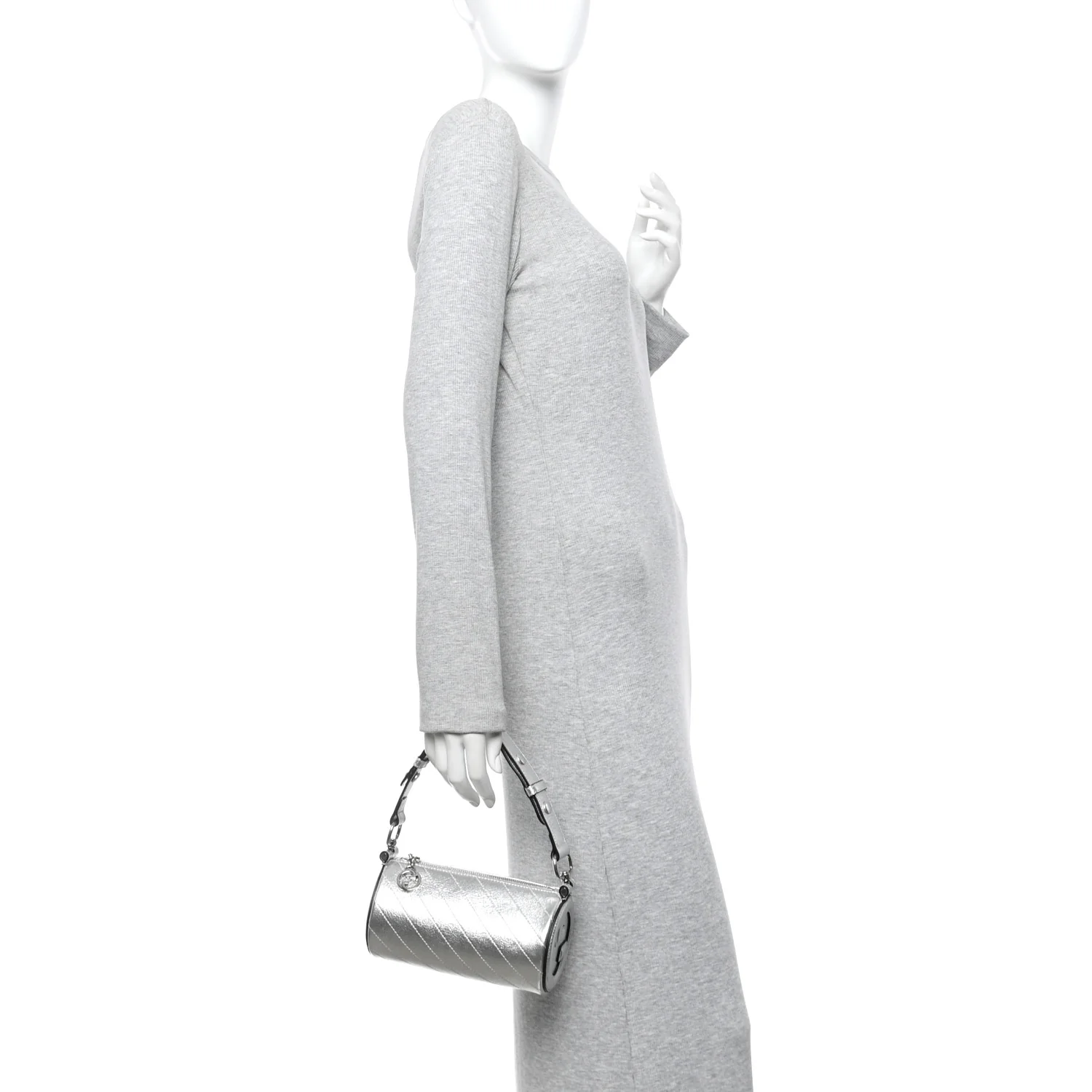 Sakai Be Green Calfskin Diagonal Stitched Mini Blondie Barrel Shoulder Bag Silver - Image 2
