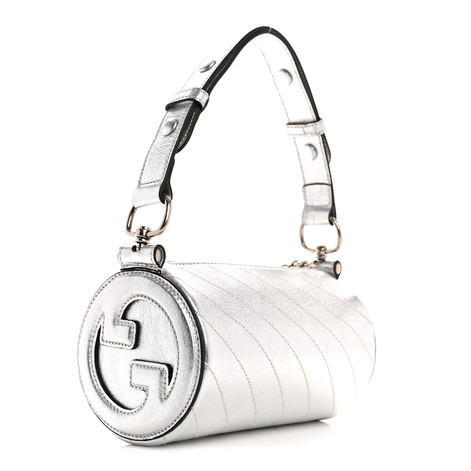 Sakai Be Green Calfskin Diagonal Stitched Mini Blondie Barrel Shoulder Bag Silver - Image 3