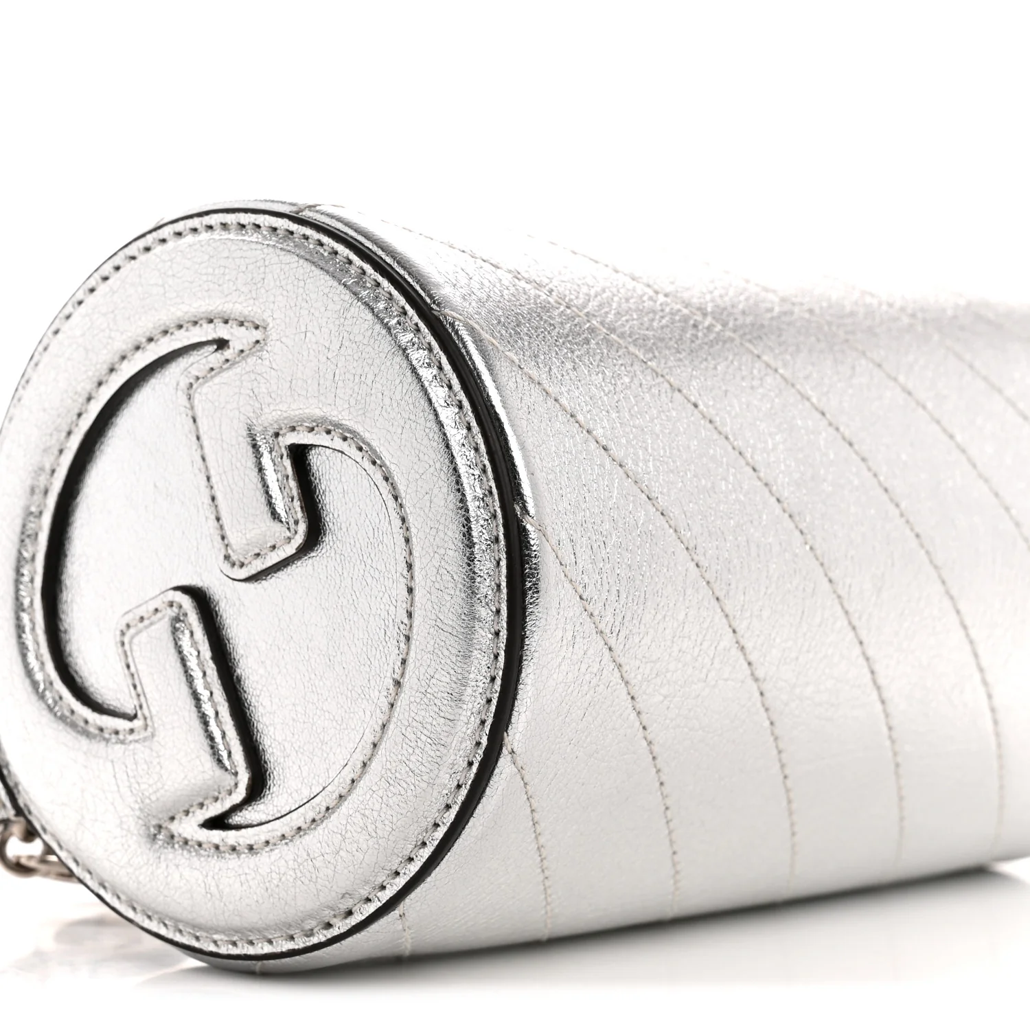 Sakai Be Green Calfskin Diagonal Stitched Mini Blondie Barrel Shoulder Bag Silver - Image 9