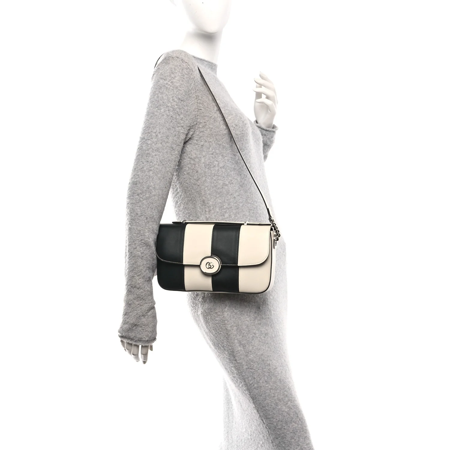 Senna Calfskin Lines Petite GG Top Handle Shoulder Bag Black Mystic White - Image 2
