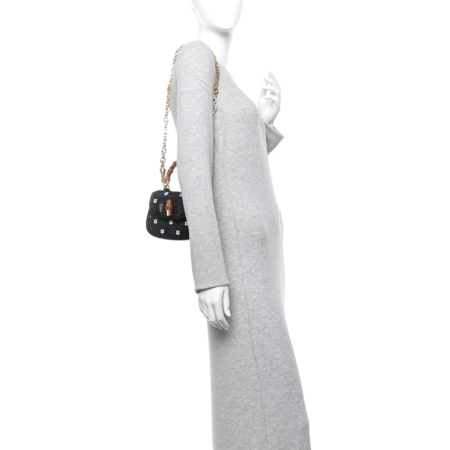 Sequin Lizard Embossed GG Mini Bamboo 1947 Top Handle Chain Bag Black White - Image 2