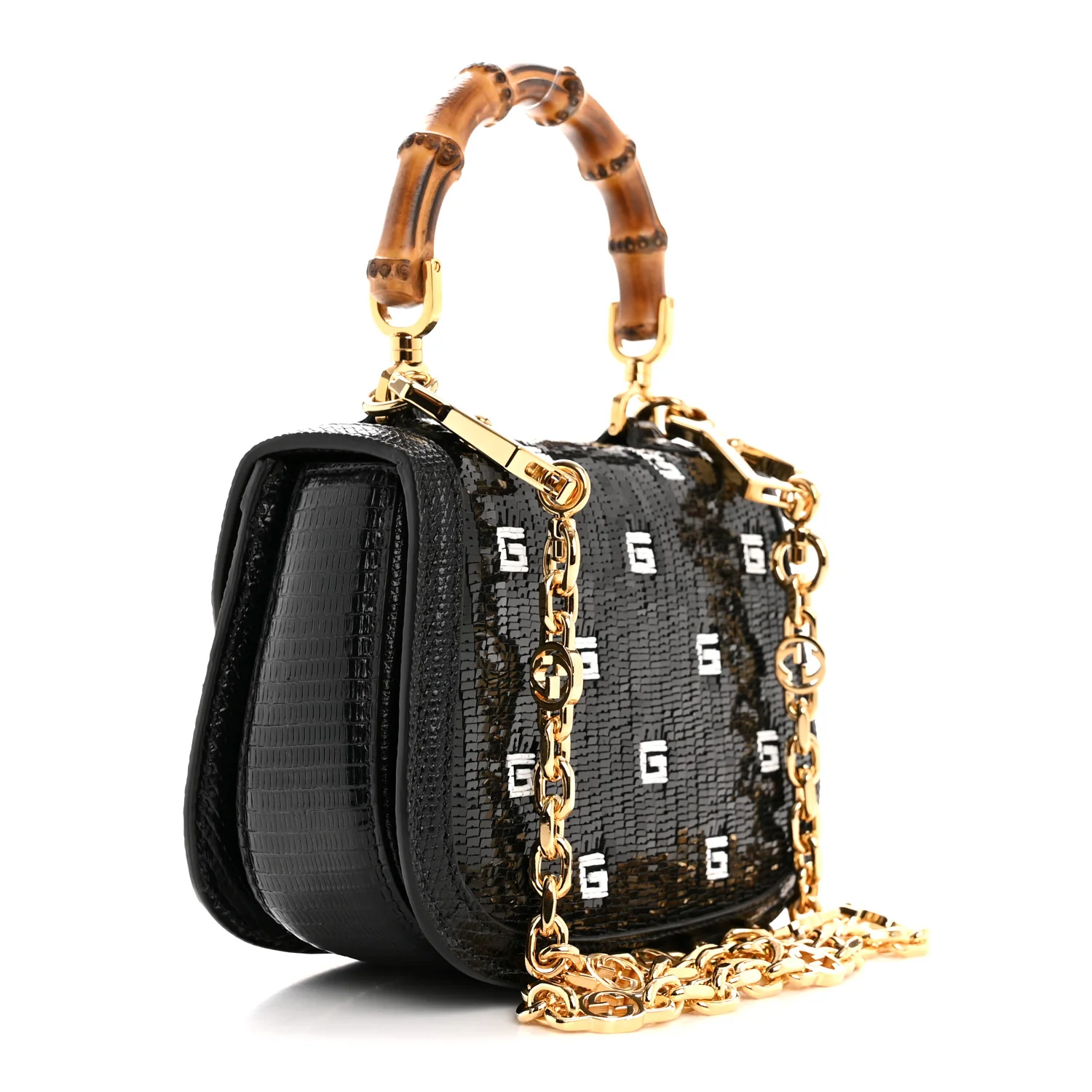 Sequin Lizard Embossed GG Mini Bamboo 1947 Top Handle Chain Bag Black White - Image 3