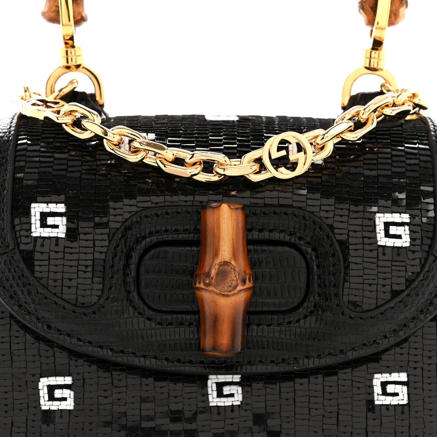 Sequin Lizard Embossed GG Mini Bamboo 1947 Top Handle Chain Bag Black White - Image 8