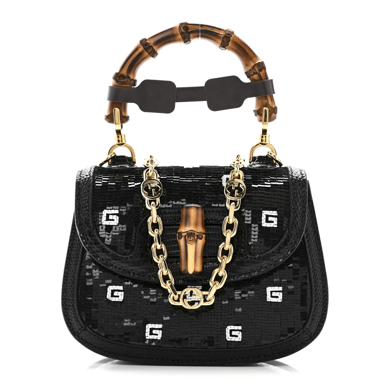 Sequin Lizard Embossed GG Mini Bamboo 1947 Top Handle Chain Bag Black White