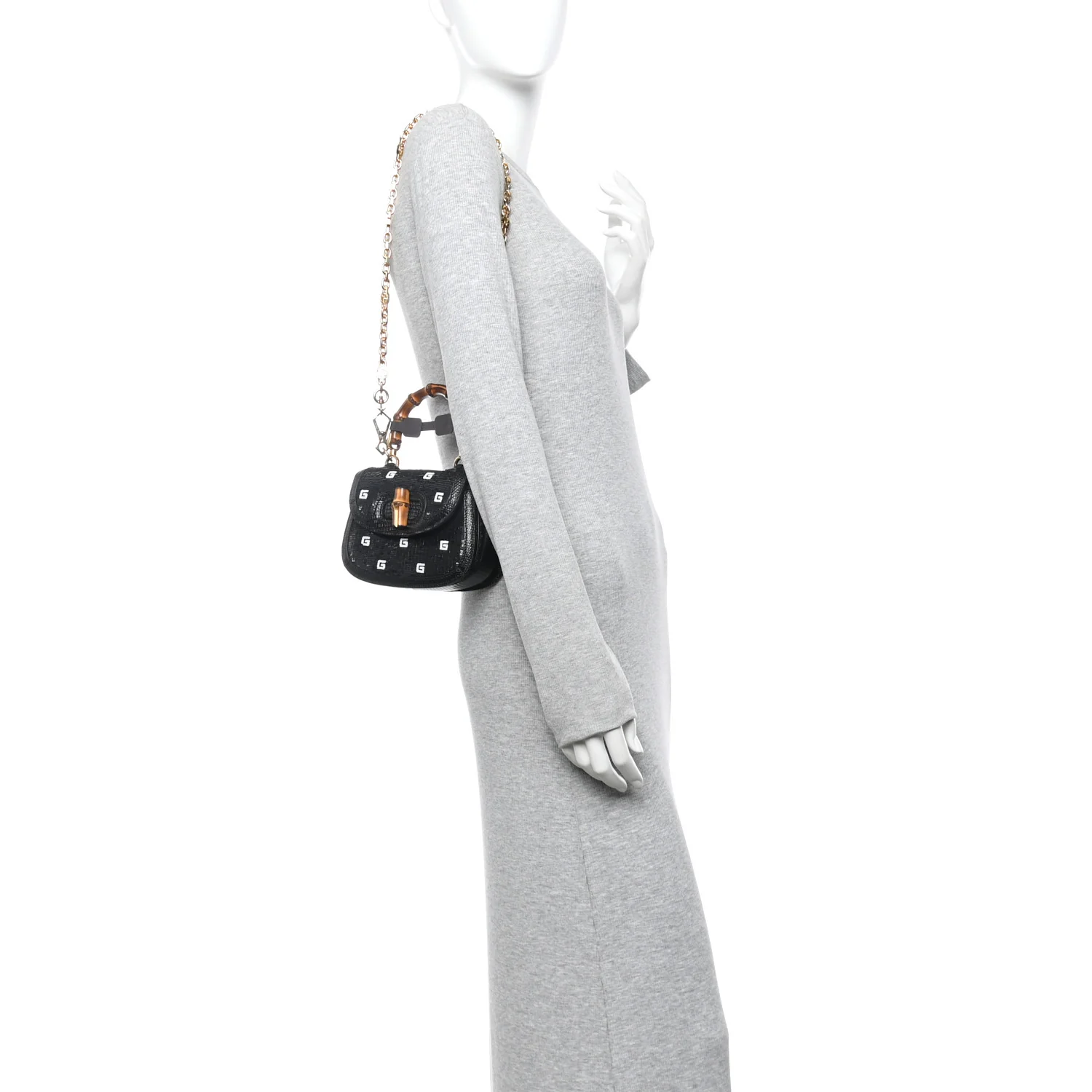 Sequin Lizard Embossed GG Mini Bamboo 1947 Top Handle Chain Bag Black White - Image 2