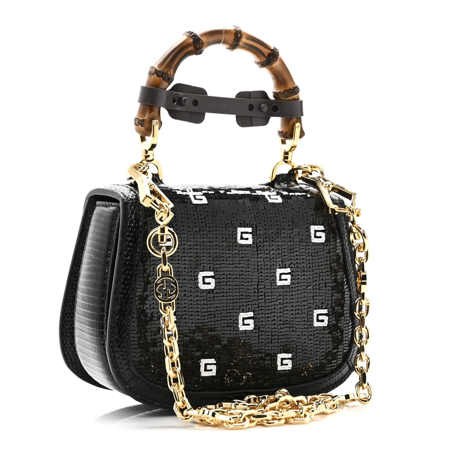 Sequin Lizard Embossed GG Mini Bamboo 1947 Top Handle Chain Bag Black White - Image 3