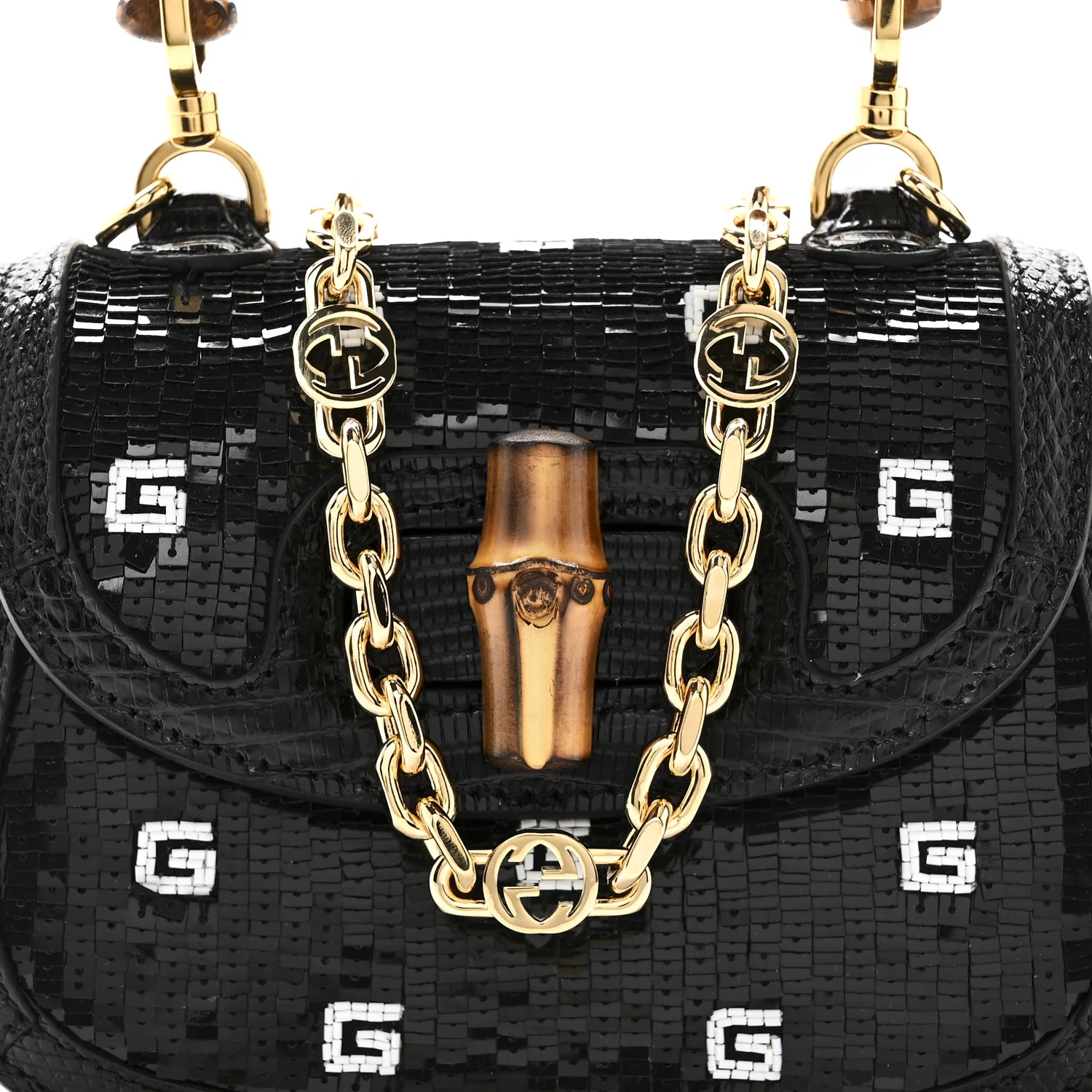 Sequin Lizard Embossed GG Mini Bamboo 1947 Top Handle Chain Bag Black White - Image 8