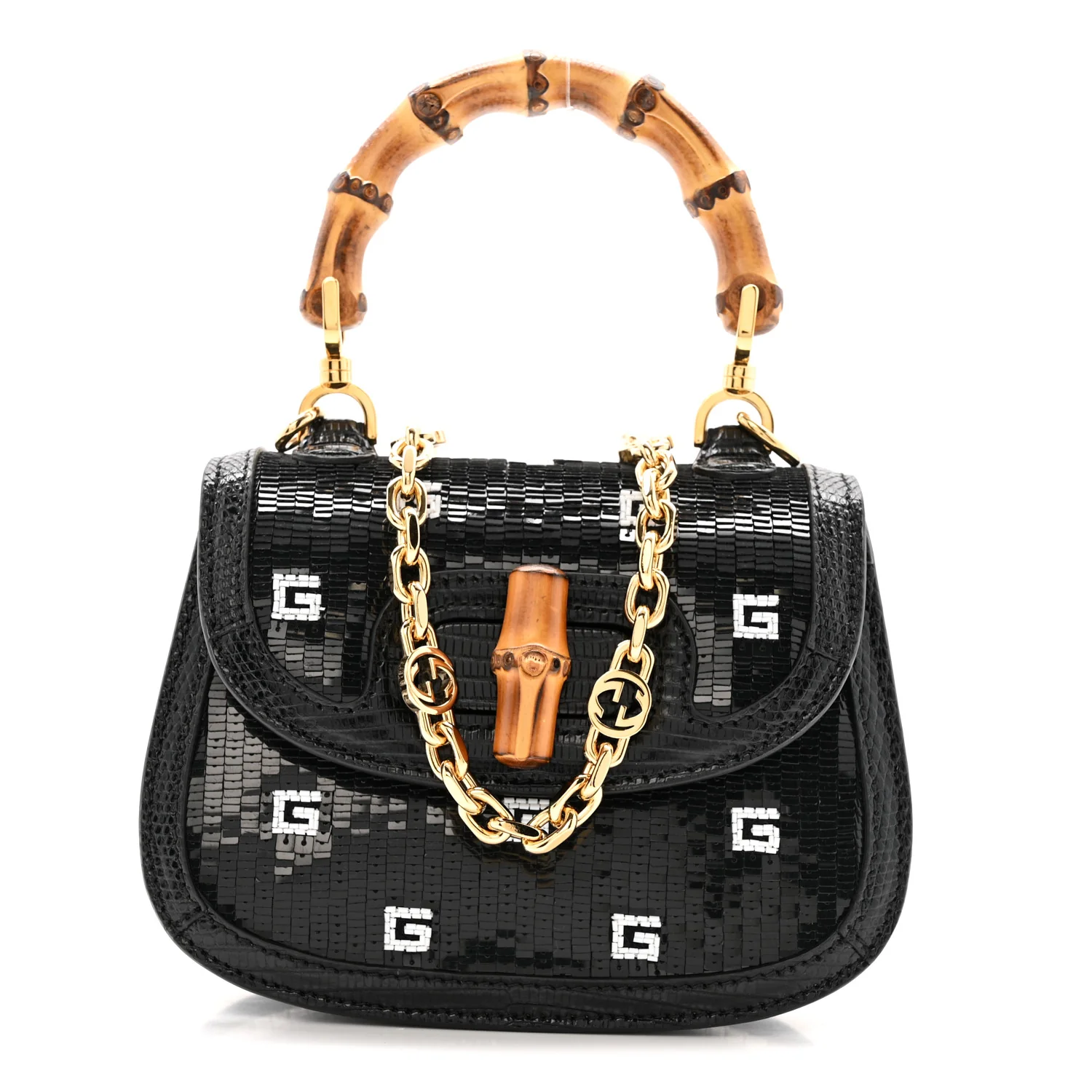 Sequin Lizard Embossed GG Mini Bamboo 1947 Top Handle Chain Bag Black White