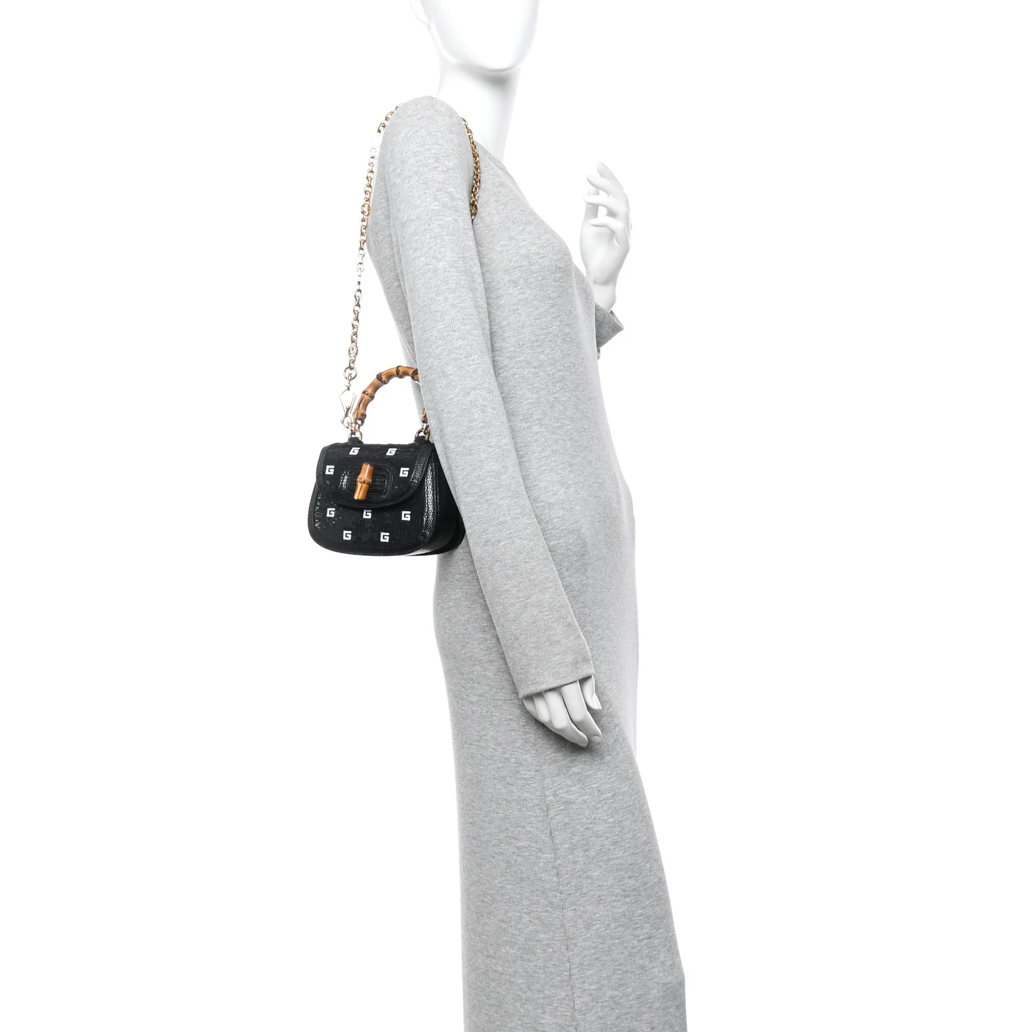 Sequin Lizard Embossed GG Mini Bamboo 1947 Top Handle Chain Bag Black White - Image 2