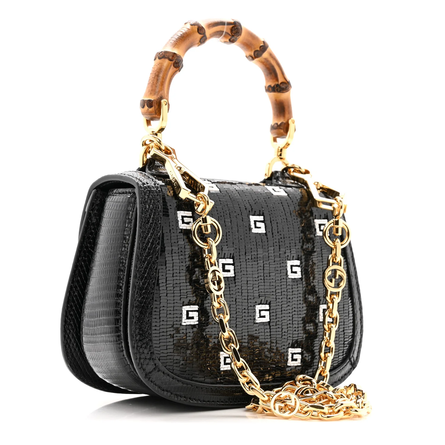 Sequin Lizard Embossed GG Mini Bamboo 1947 Top Handle Chain Bag Black White - Image 3