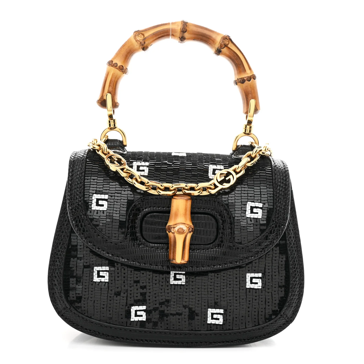 Sequin Lizard Embossed GG Mini Bamboo 1947 Top Handle Chain Bag Black White