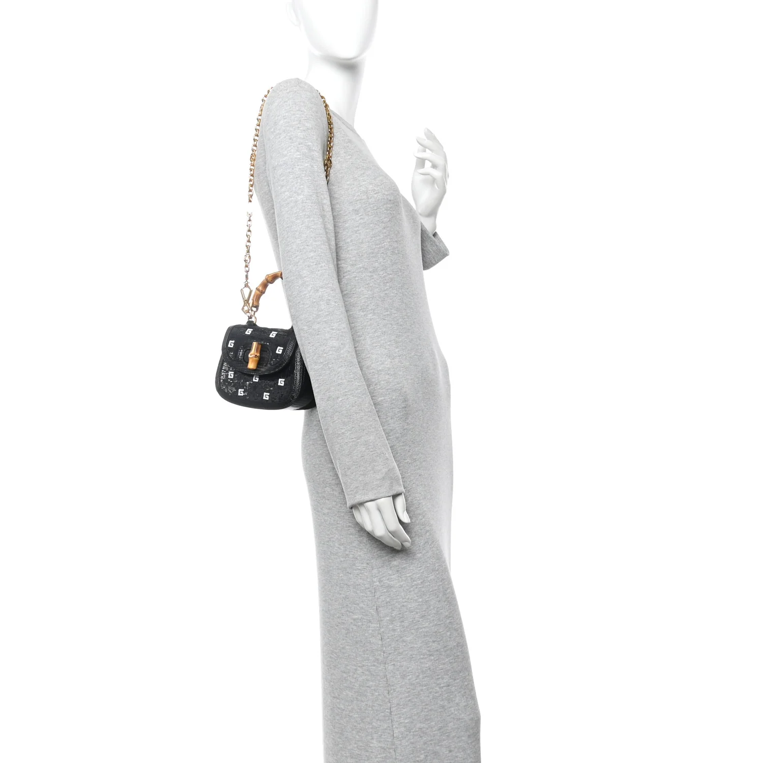 Sequin Lizard Embossed GG Mini Bamboo 1947 Top Handle Chain Bag Black White - Image 2