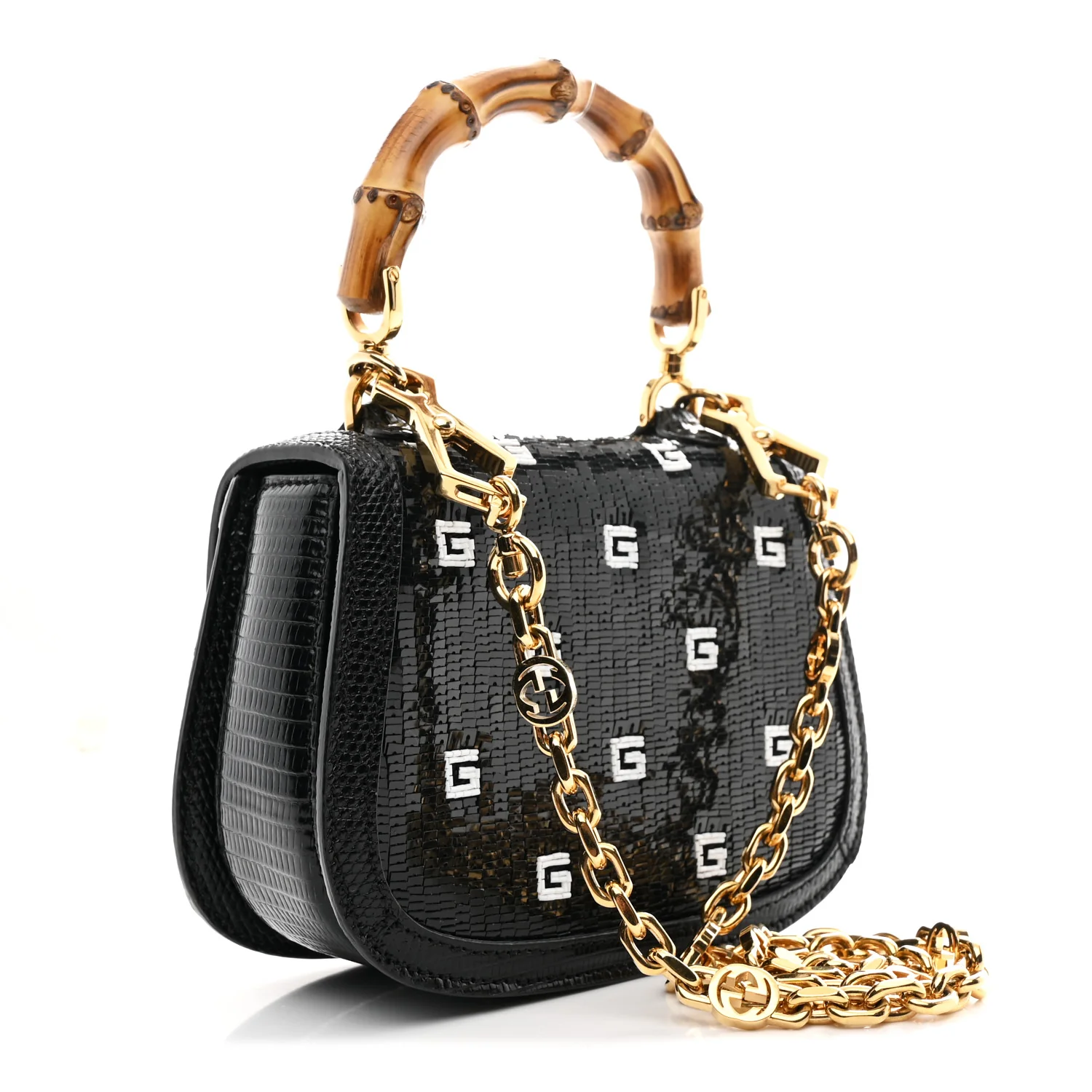 Sequin Lizard Embossed GG Mini Bamboo 1947 Top Handle Chain Bag Black White - Image 3