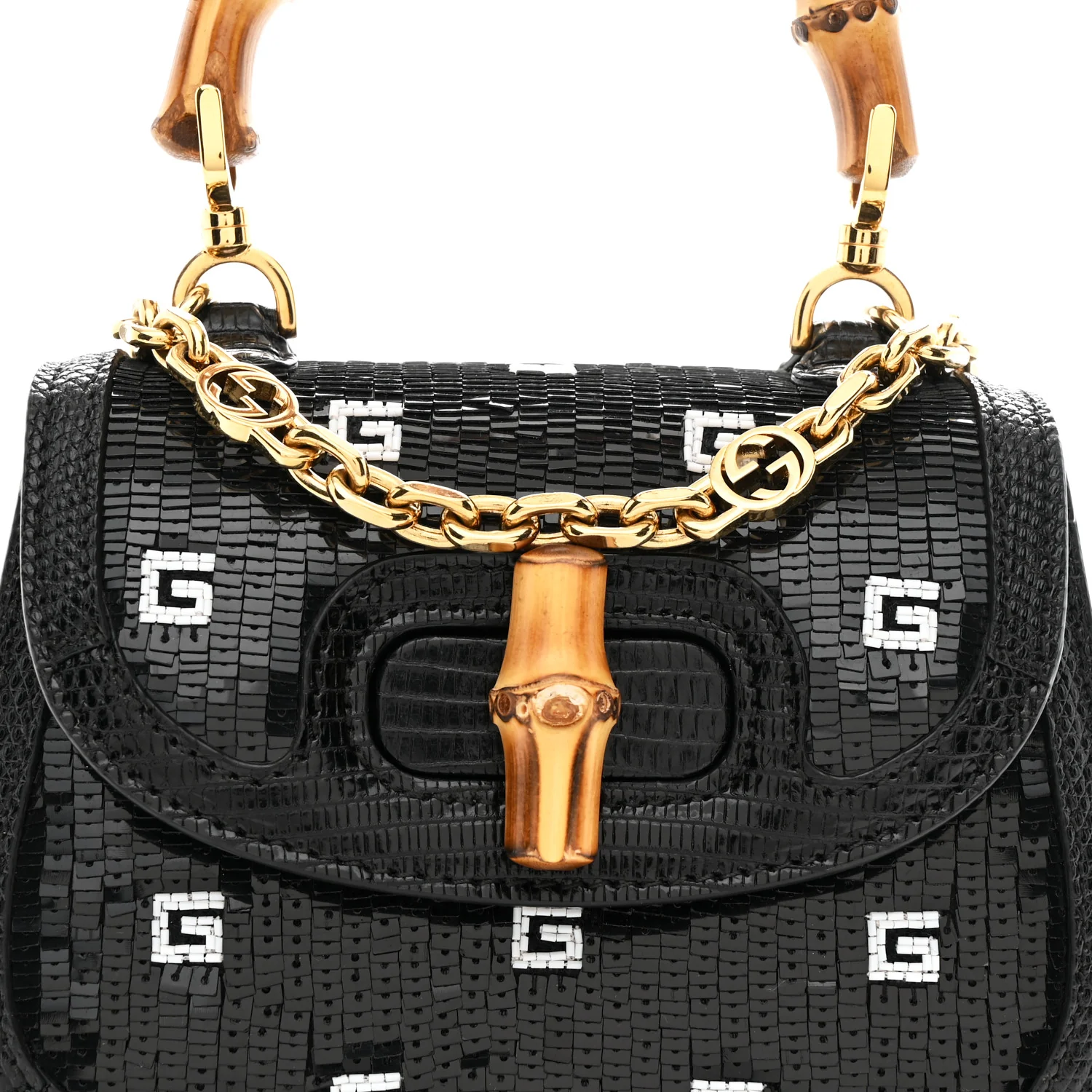 Sequin Lizard Embossed GG Mini Bamboo 1947 Top Handle Chain Bag Black White - Image 8