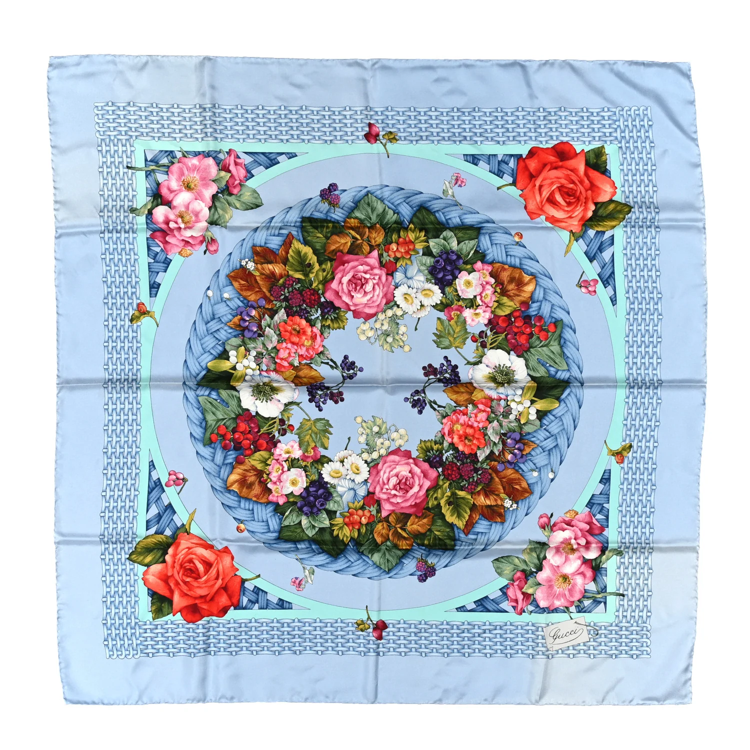 Silk Twill Floral Basket Square Scarf Blue Multicolor