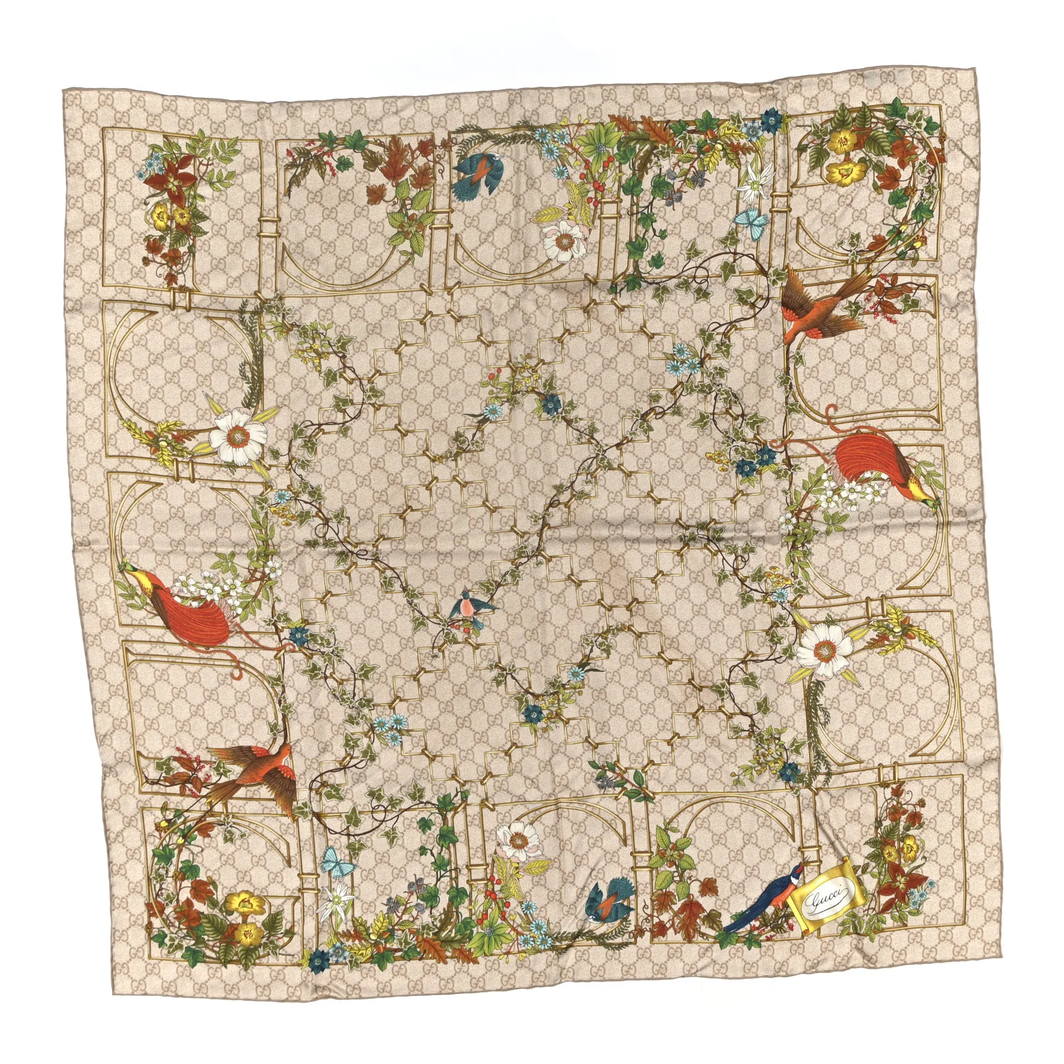 Silk Twill GG Monogram Floral Square Scarf Brown Multicolor