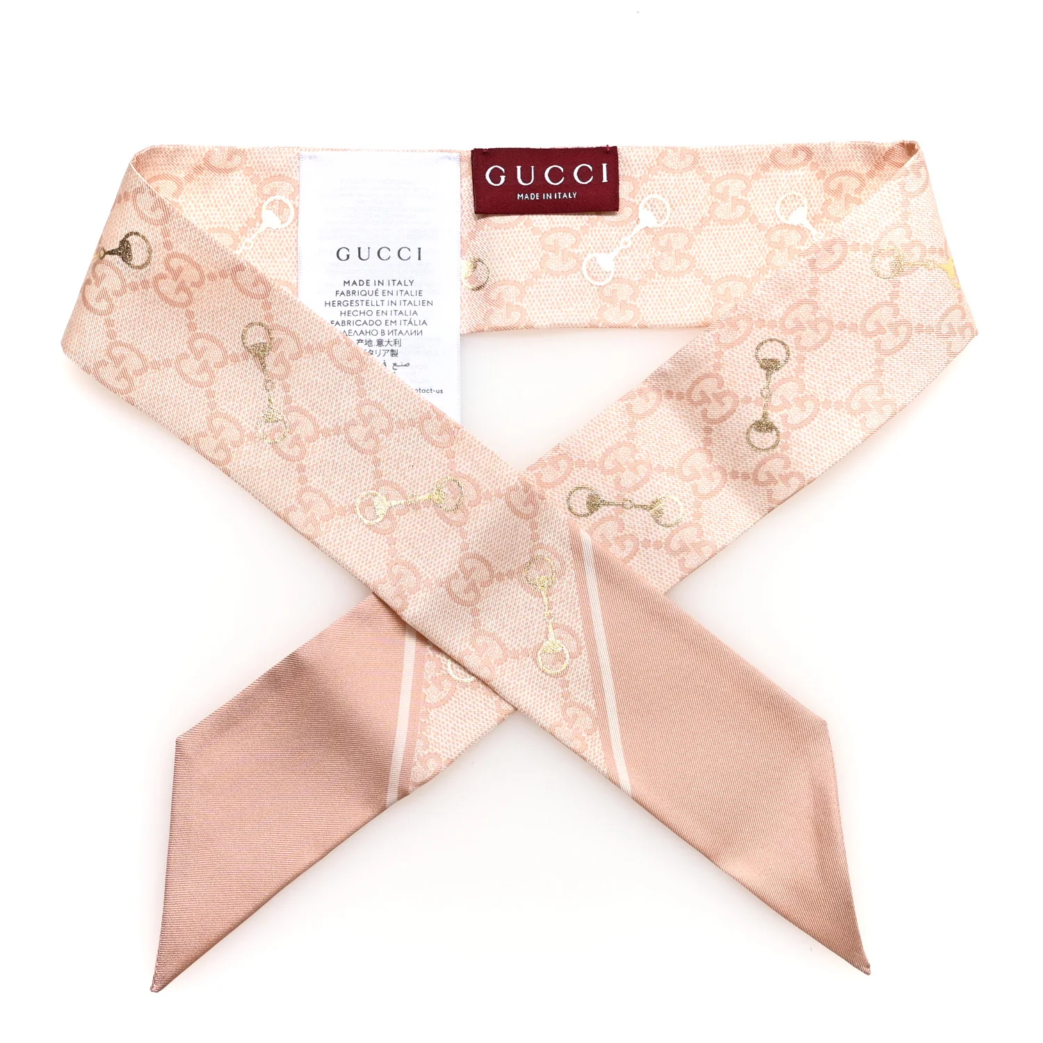 Silk Twill GG Monogram Gold Horsebity Neck Bow Scarf Pink