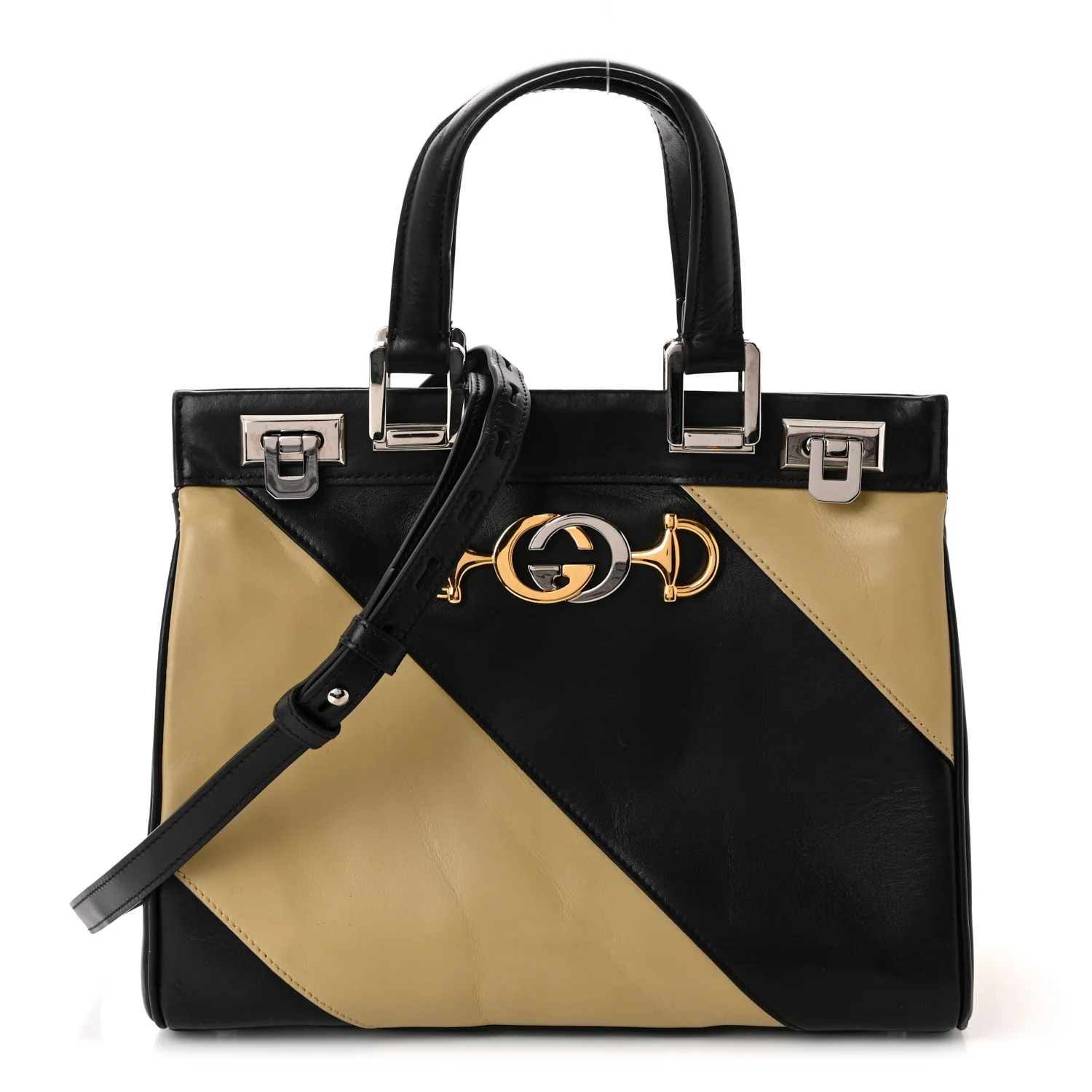 Smooth Calfskin Diagonal Striped Small Zumi Top Handle Bag Black Beige