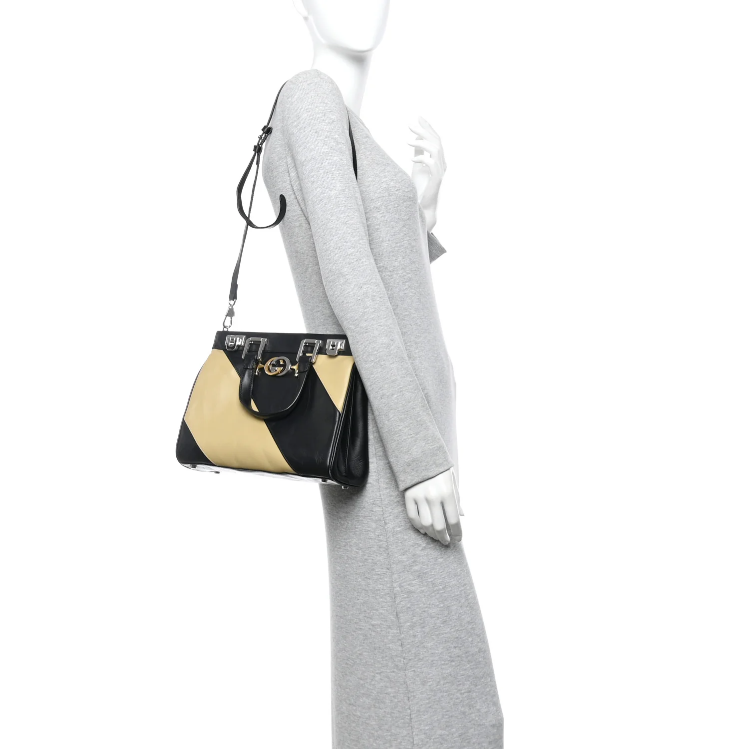 Smooth Calfskin Diagonal Striped Small Zumi Top Handle Bag Black Beige - Image 2