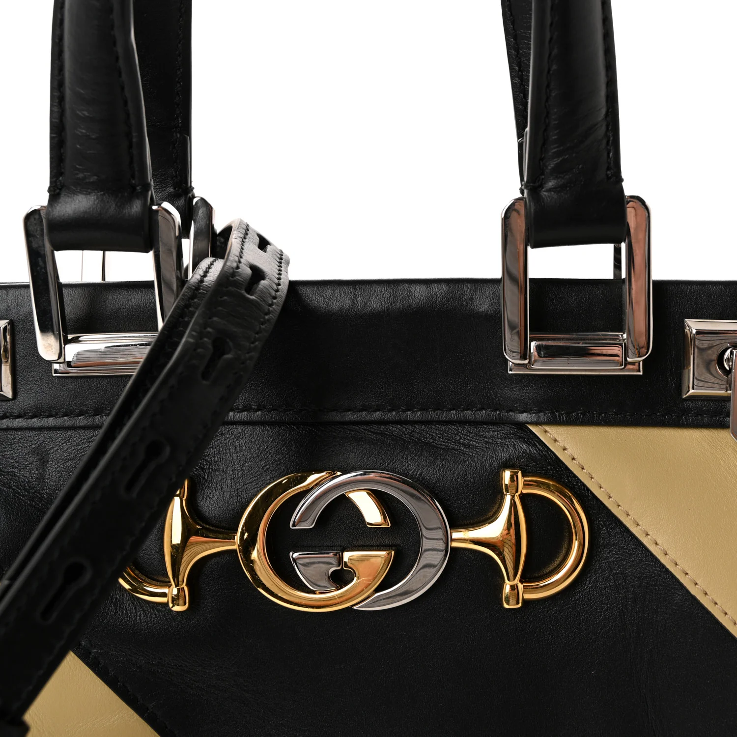 Smooth Calfskin Diagonal Striped Small Zumi Top Handle Bag Black Beige - Image 8