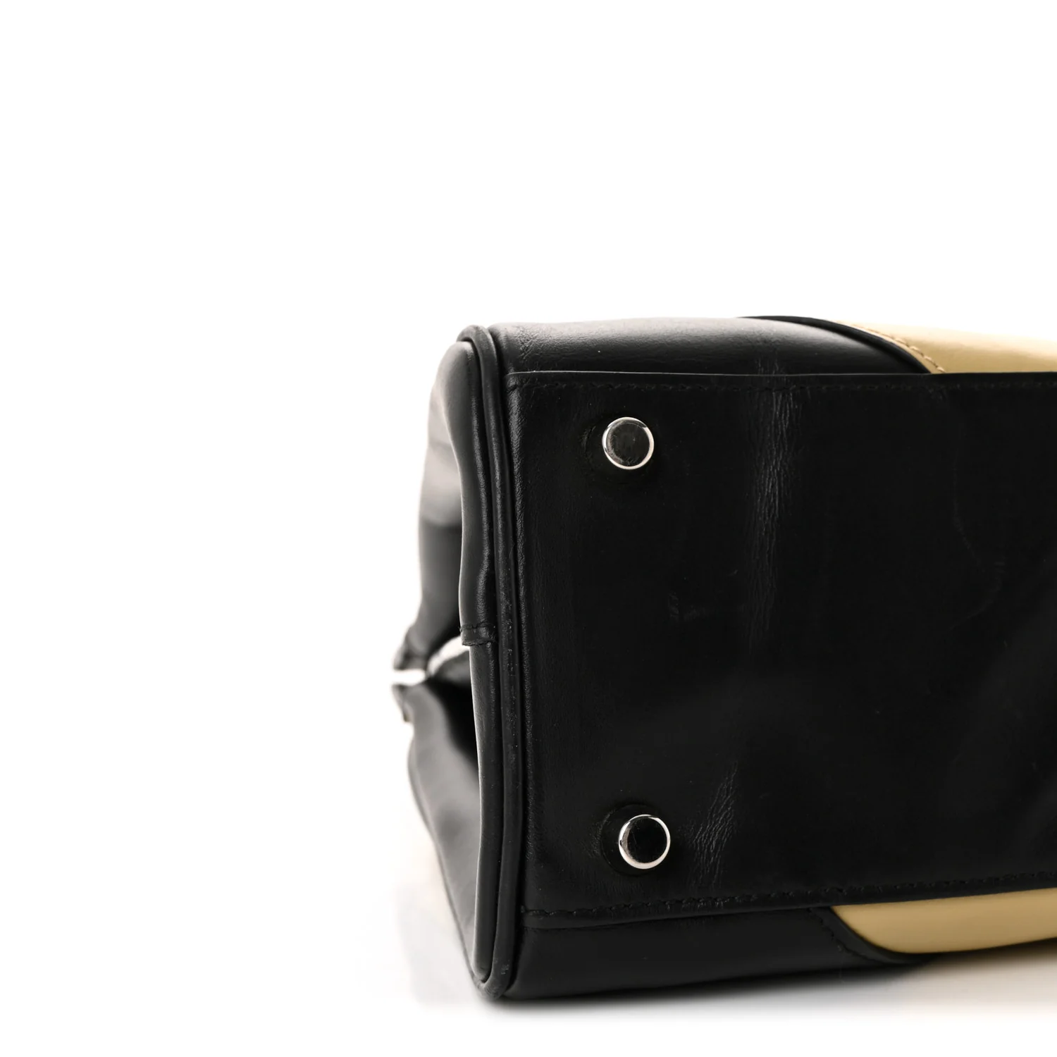 Smooth Calfskin Diagonal Striped Small Zumi Top Handle Bag Black Beige - Image 9