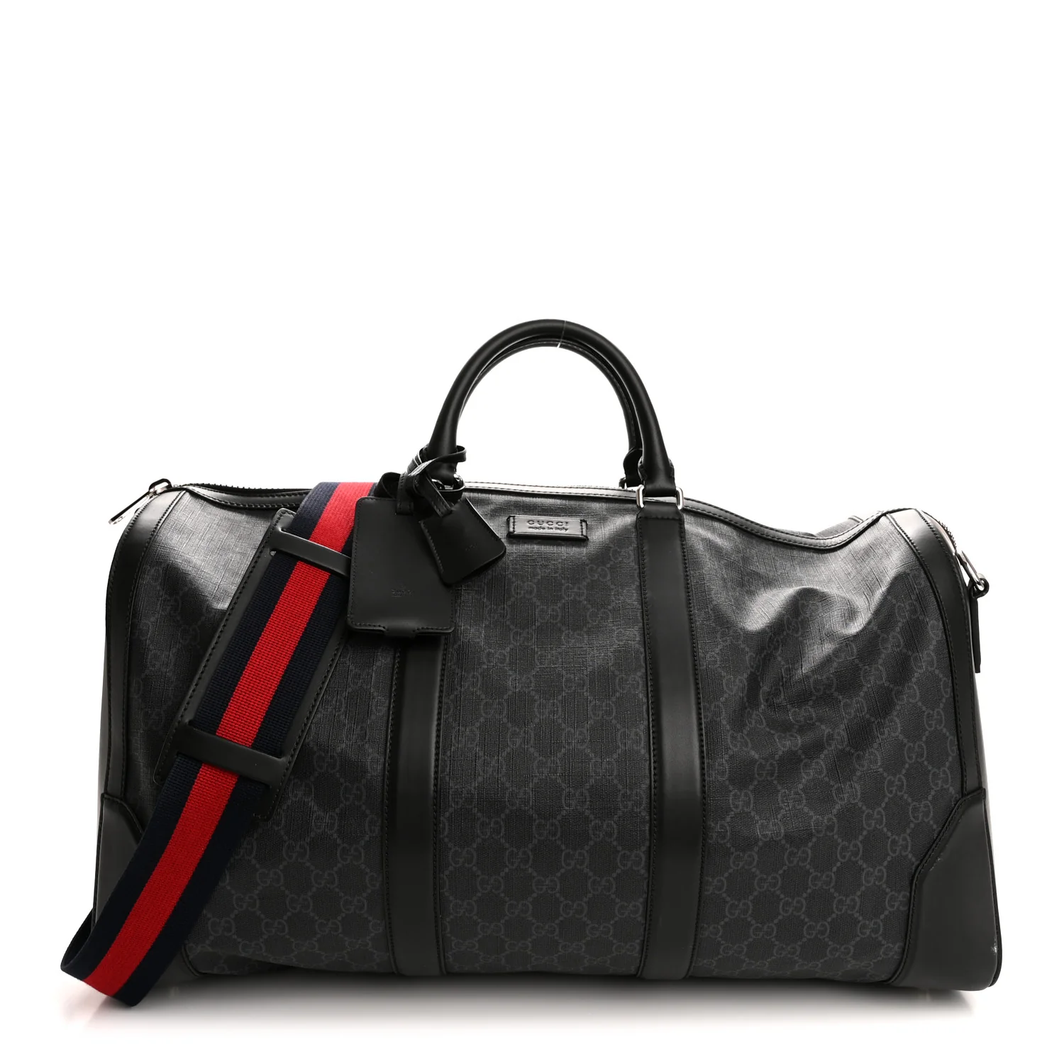Soft GG Supreme Monogram Appia Calfskin Web Large Carry On Duffle Bag Black Grey