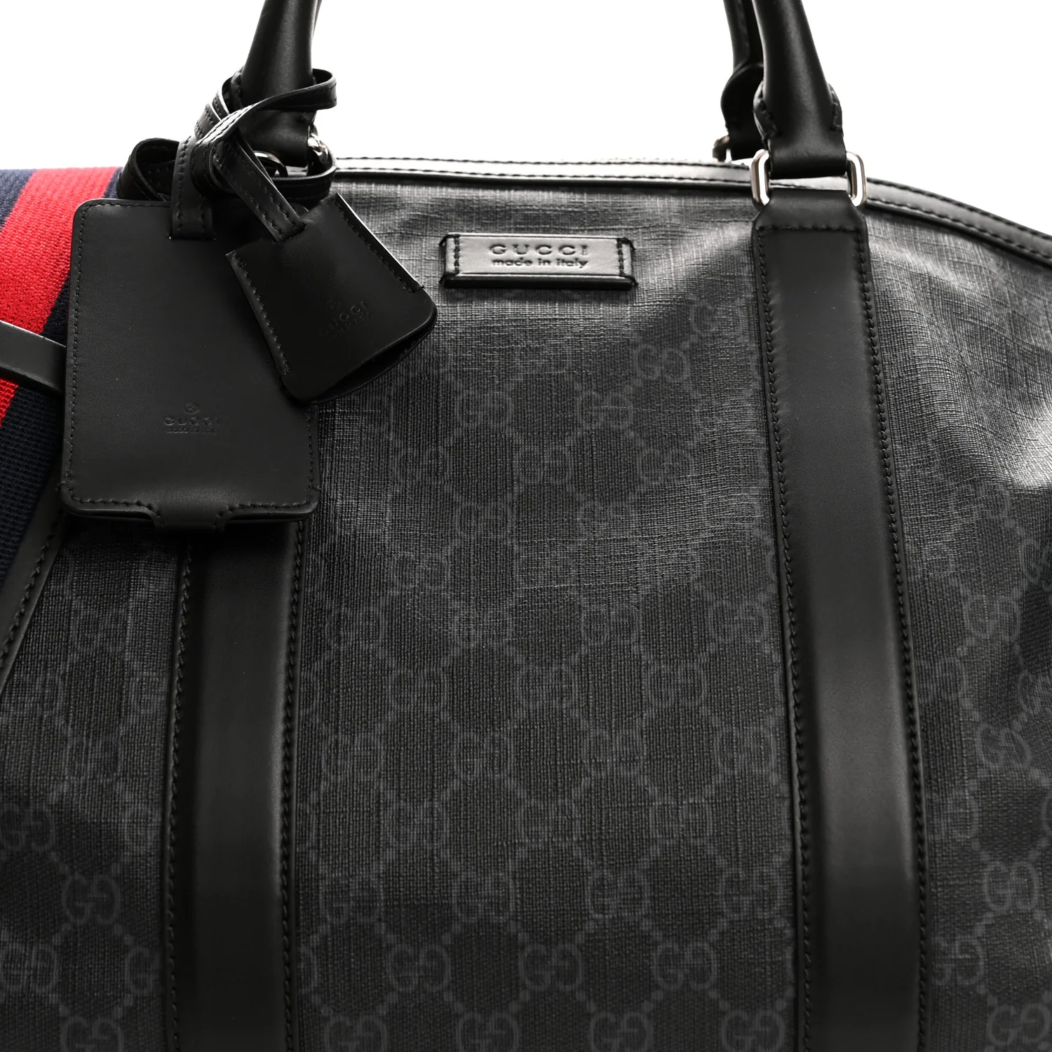 Soft GG Supreme Monogram Appia Calfskin Web Large Carry On Duffle Bag Black Grey - Image 7