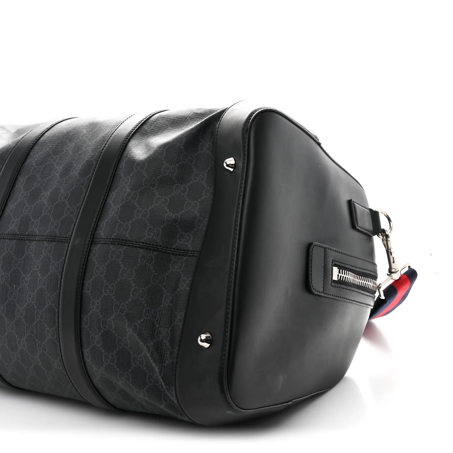 Soft GG Supreme Monogram Appia Calfskin Web Large Carry On Duffle Bag Black Grey - Image 9