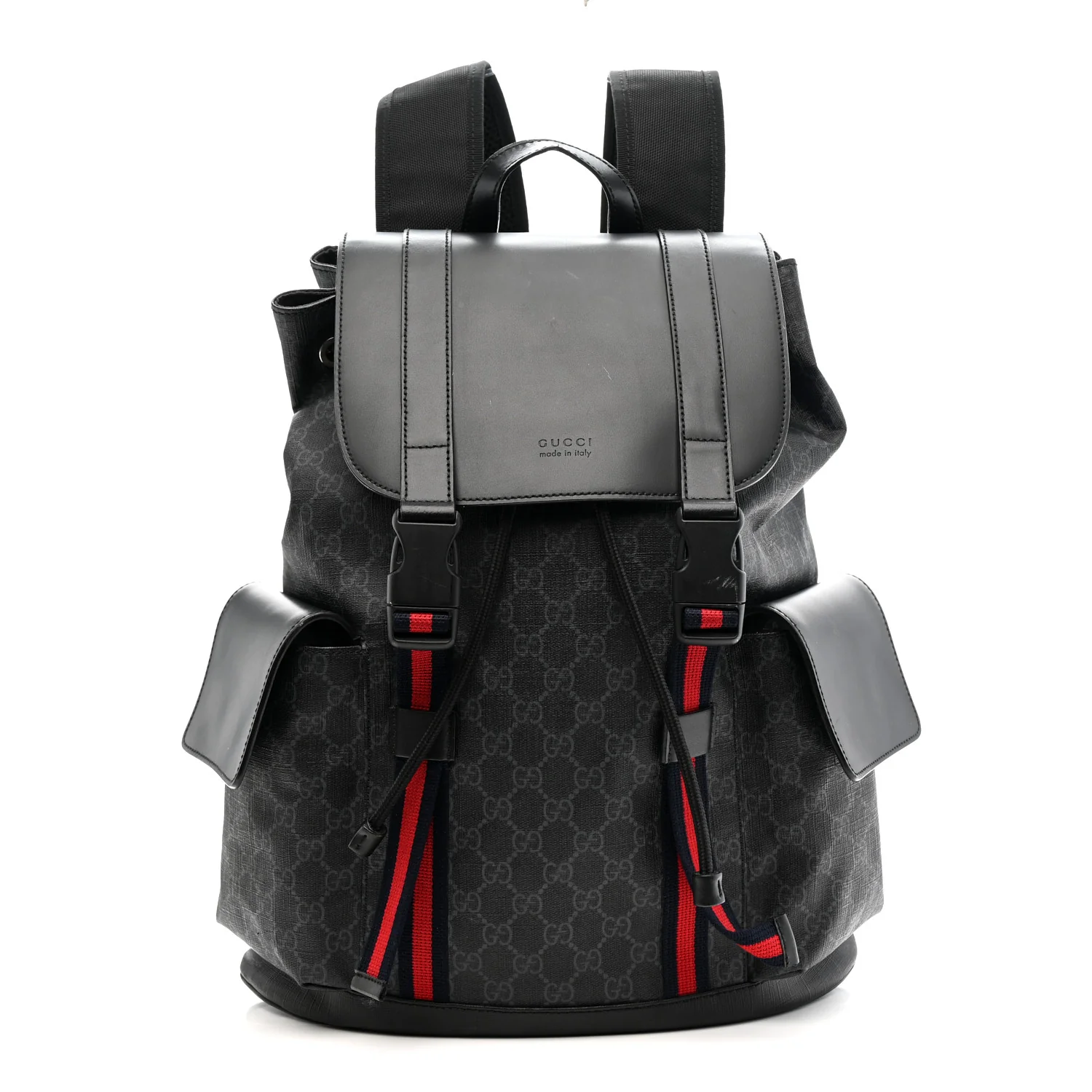 Soft GG Supreme Monogram Calfskin Web Double Buckle Backpack Black