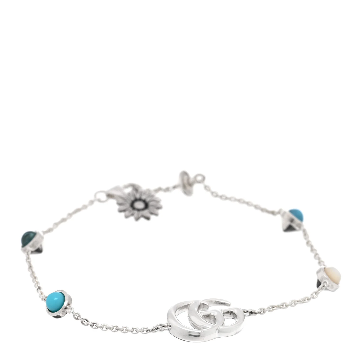 Sterling Silver Blue Topaz Mother of Pearl Resin Double G Flower Bracelet Turquoise