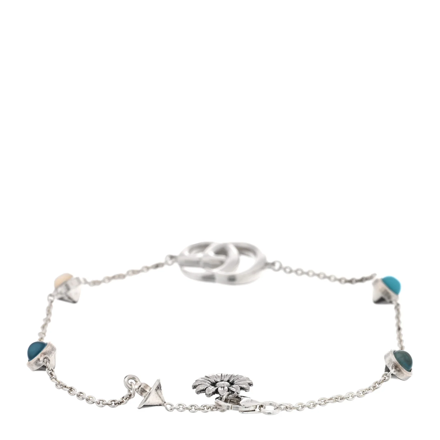 Sterling Silver Blue Topaz Mother of Pearl Resin Double G Flower Bracelet Turquoise - Image 2