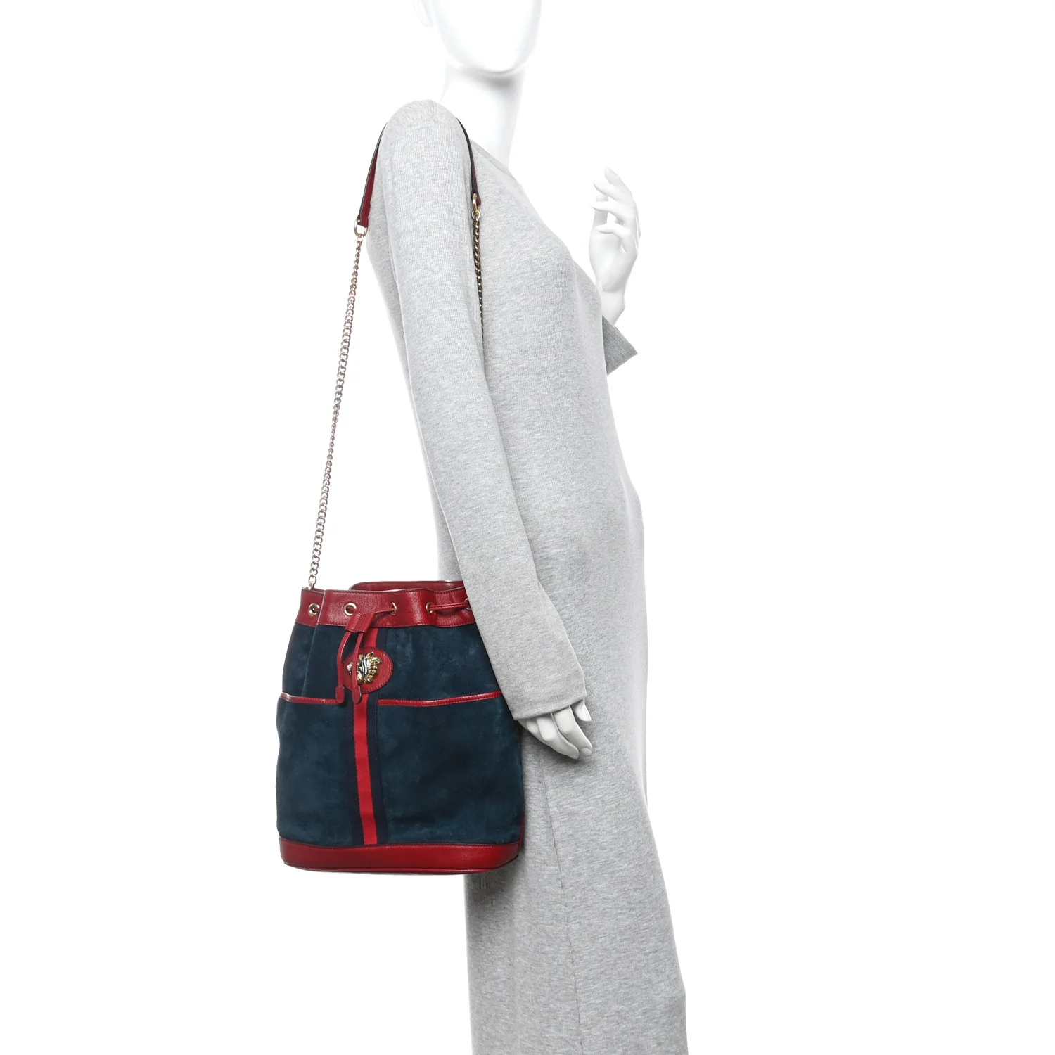 Suede Calfskin Web Medium Rajah Bucket Bag New Blue Romantic Cherry - Image 2