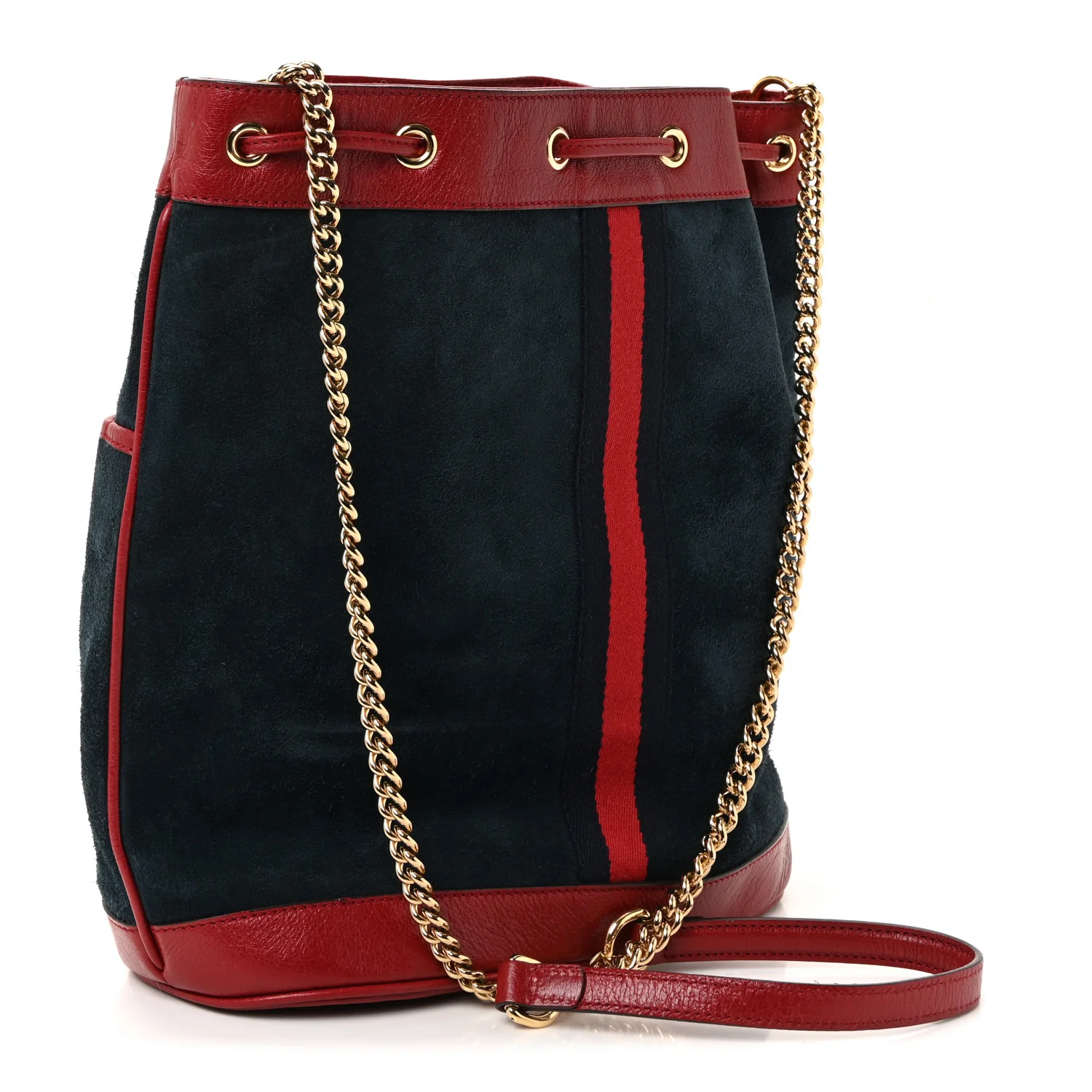 Suede Calfskin Web Medium Rajah Bucket Bag New Blue Romantic Cherry - Image 3