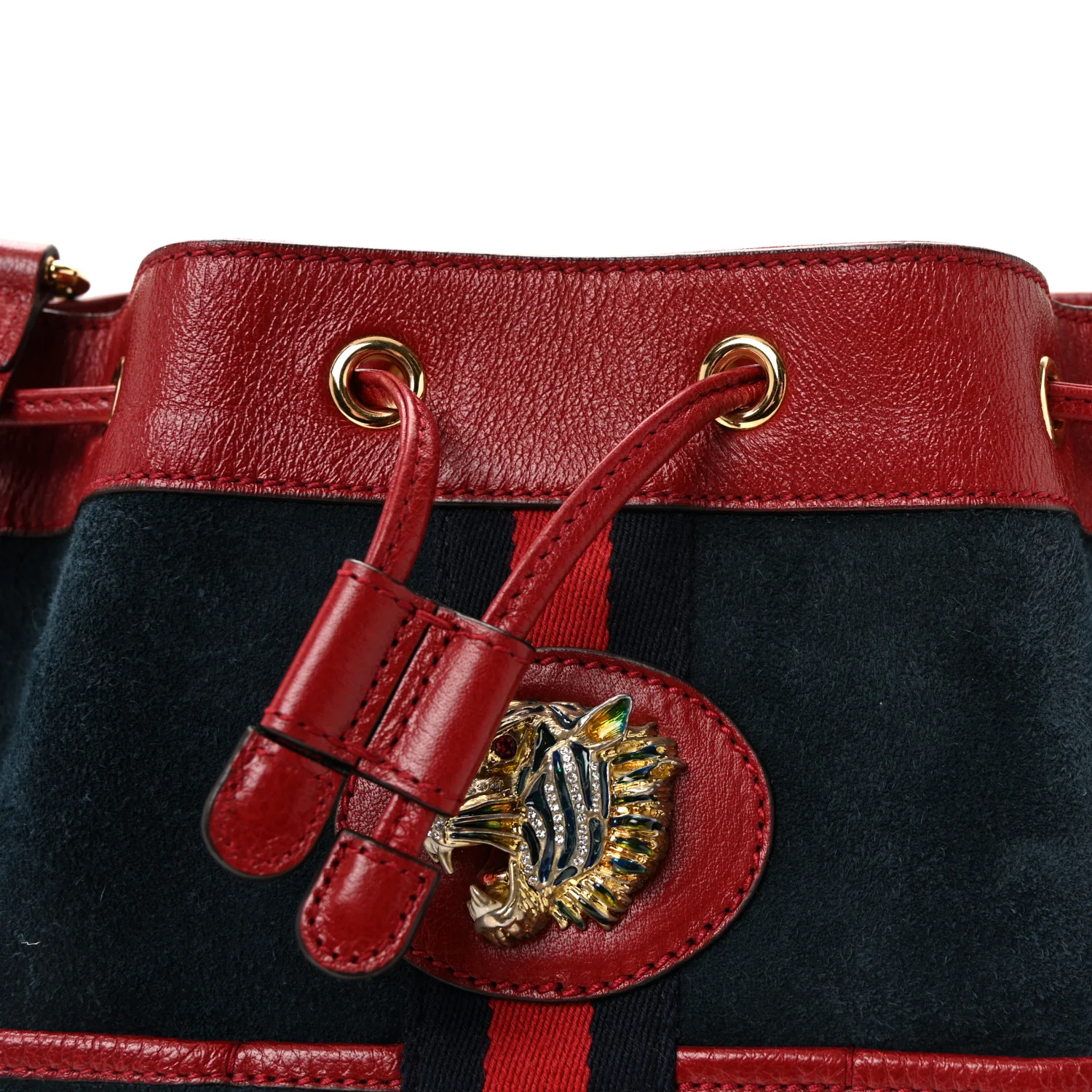 Suede Calfskin Web Medium Rajah Bucket Bag New Blue Romantic Cherry - Image 8