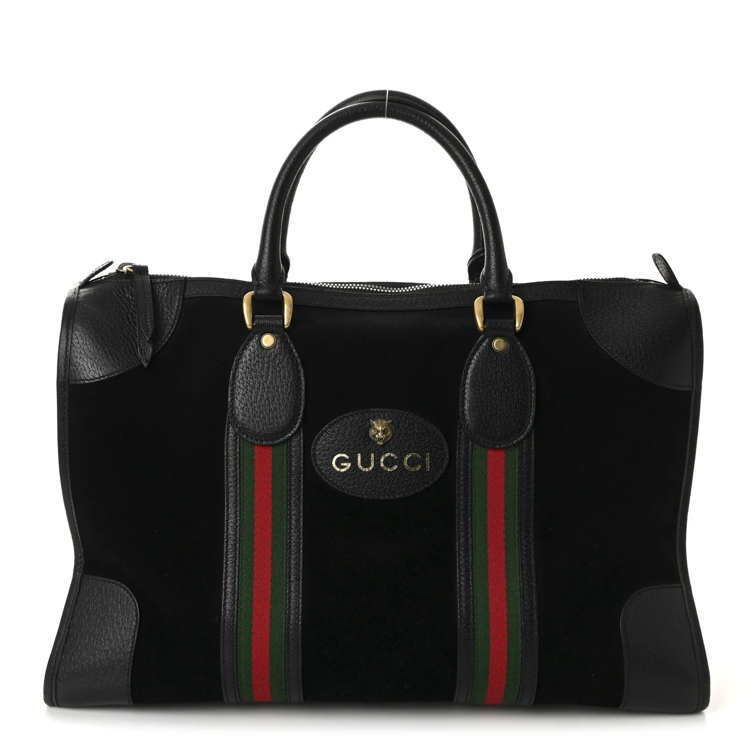 Suede Daino Textured Dollar Calfskin Web Medium Duffle Bag Black